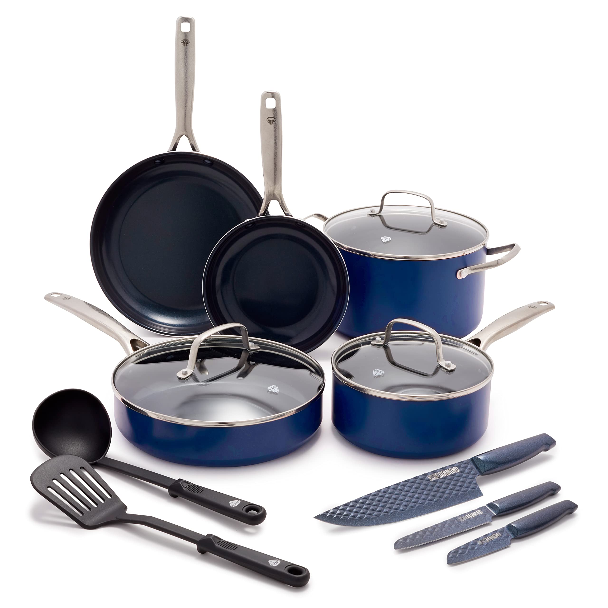 **Blue Diamond Cookware Set - 10-Piece Diamond Infused Ceramic Nonstick Pots & Pans + 3-Piece Sharp Stone Stainless Steel Cutlery Set - Blue - Perfect for Home Cooking, Baking & Professional Kitchens**