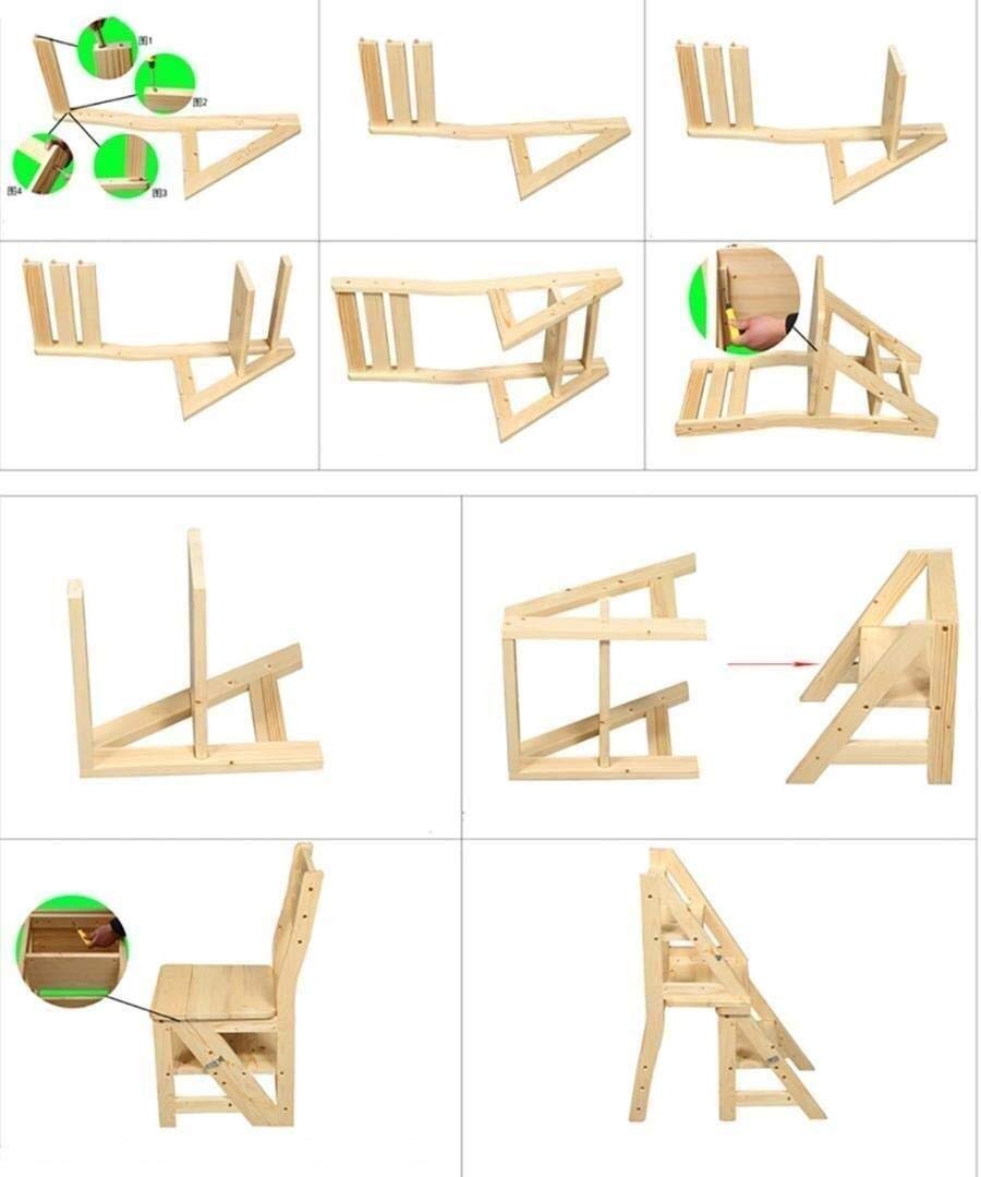 NEVKA Foldable Wooden Step Stool with Backrest - 4 Step Space Saving Multifunctional Ladder Chair for Home, Kitchen, Bathroom & Garage - Solid Wood Yellow Step Stool for Adults & Kids