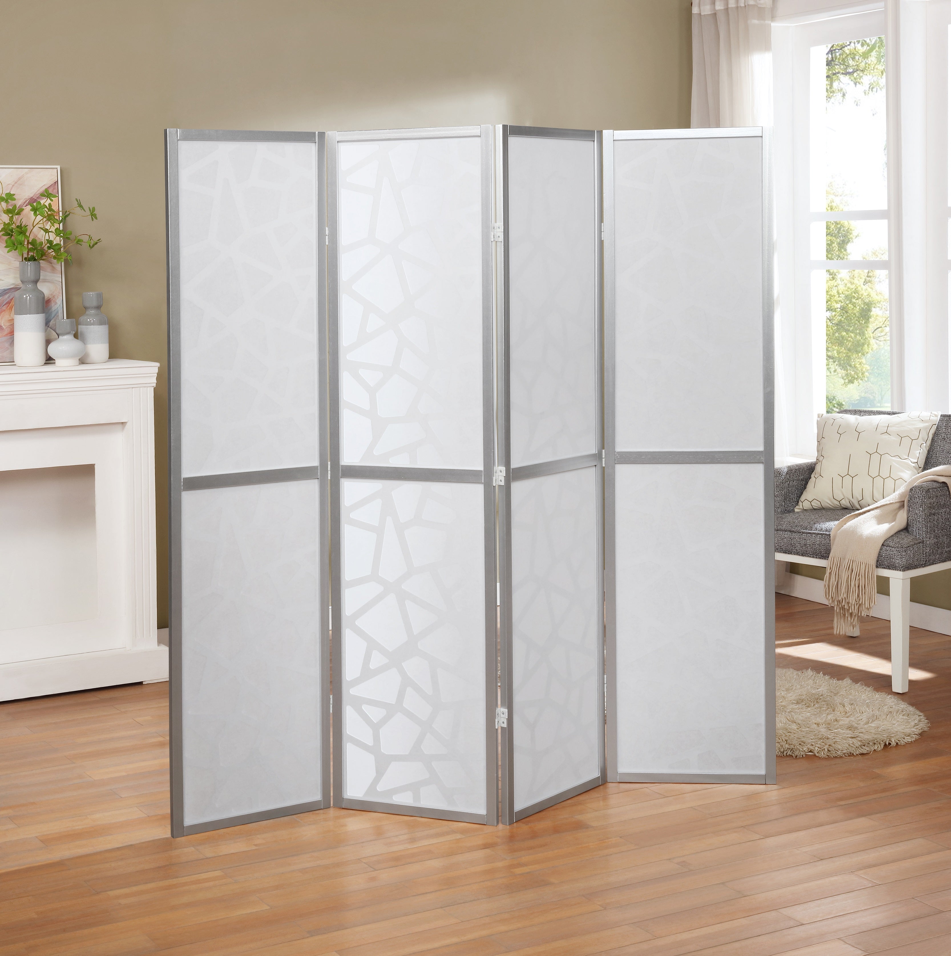 Roundhill Furniture Giyano 4-Panel Folding Room Divider - Silver Privacy Screen for Home, Office, or Studio - Perfect for Space Separation & Decoration