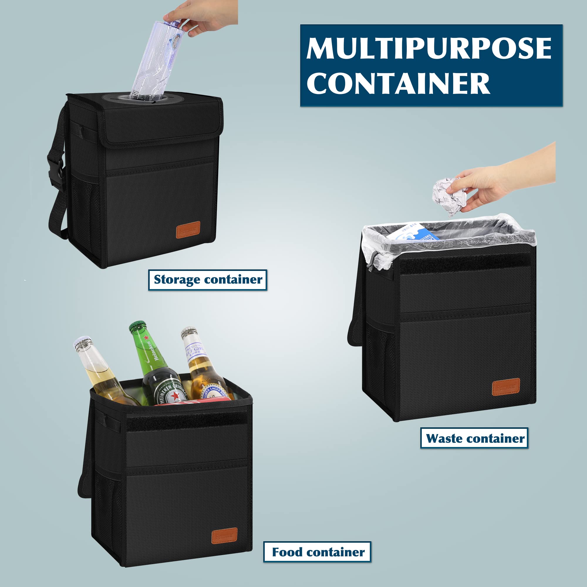 Femuar Leak Proof Car Trash Can with Lid - Waterproof Auto Garbage Bin for SUVs, Trucks & Sedans | Collapsible Portable Car Trash Bag for Road Trips & Daily Commute | Black