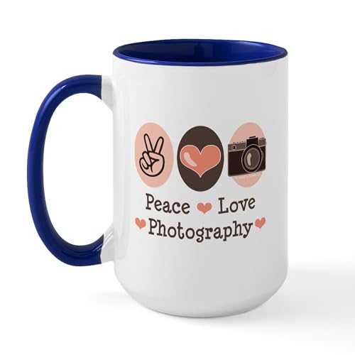 White/Navy Inside - Peace Love Photography Camera Large Mug