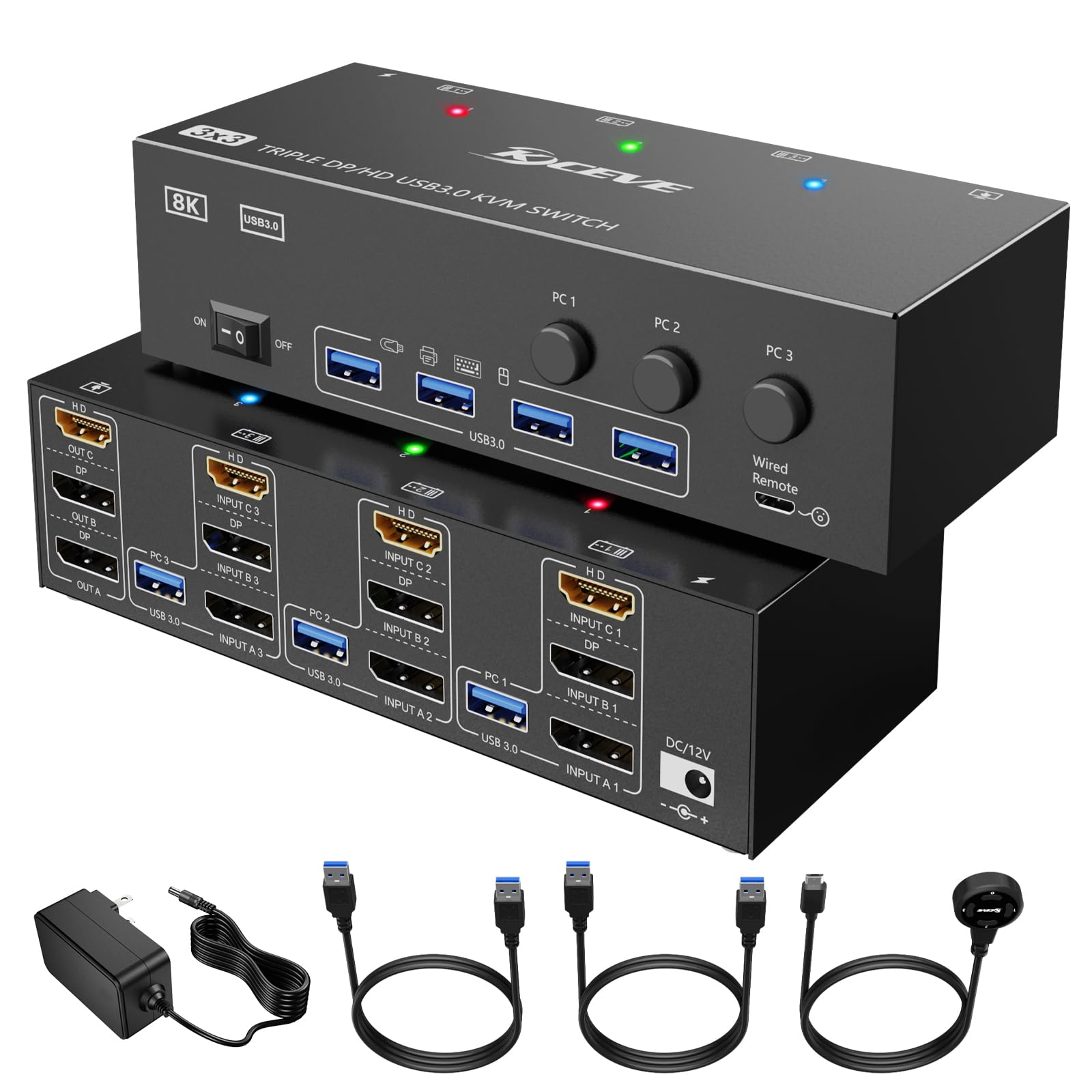 KCEVE 3-Port KVM Switch for 3 Computers & 3 Monitors - HDMI + DisplayPort USB 3.0 Switcher with 8K@30Hz/4K@144Hz Support, Triple Monitor DP KVM for Sharing 3 PCs, 3 Displays & 4 USB 3.0 Devices (Includes Wired Remote) - Perfect for Home Office, Gaming Setup & Multi-PC Workstations