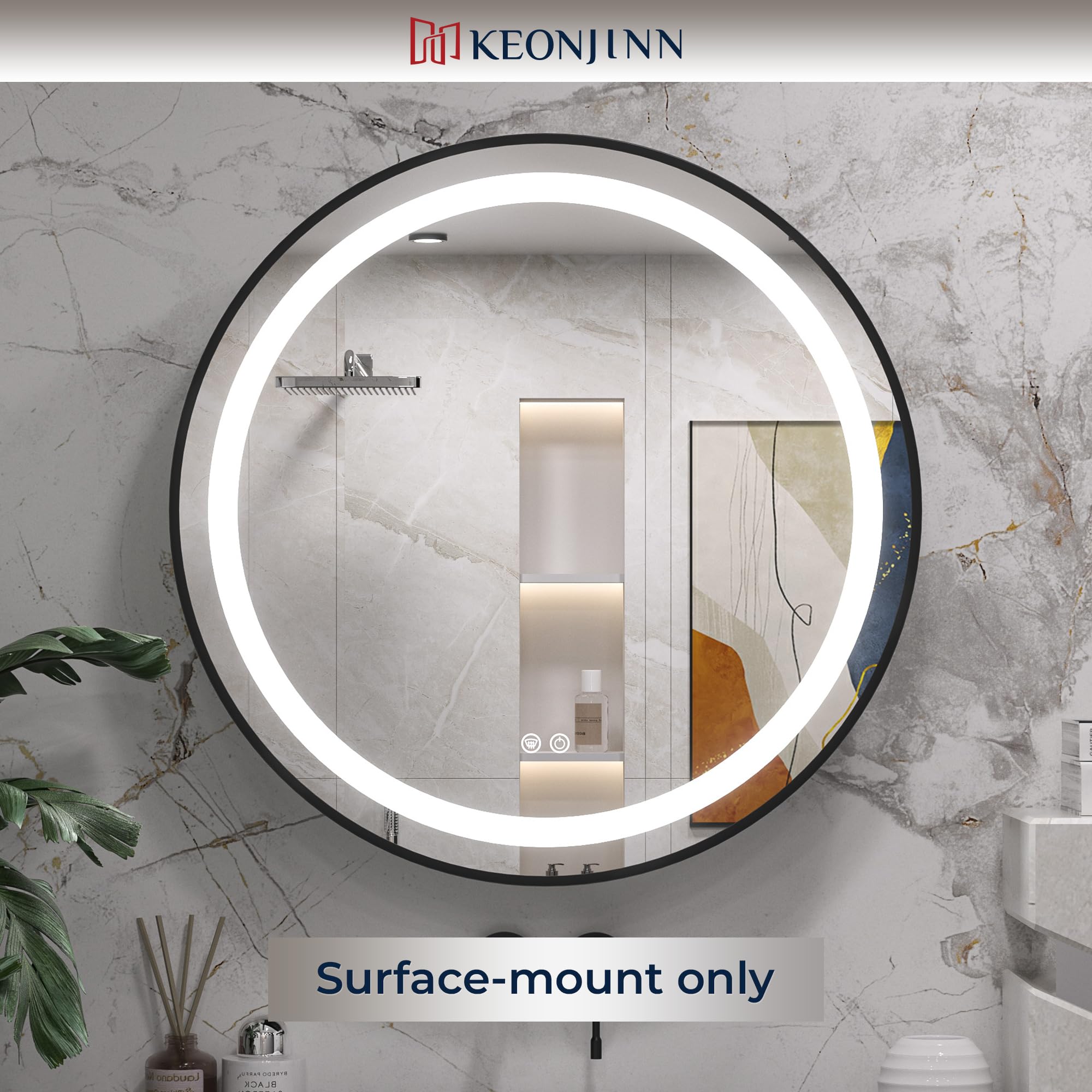 Keonjinn 24 Inch Round LED Medicine Cabinet with Mirror - Black Bathroom Lighted Cabinet, Circle Design, Electrical Outlet, 3 Color Lights, Anti-Fog, Dimmable, Surface Mount - Perfect for Modern Bathrooms & Vanity Areas