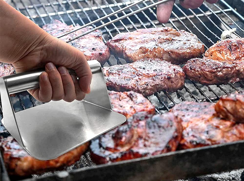 XBLDMJY 5.5 Inch Stainless Steel Burger Press - Square Patty Smasher for Flat-Top Grills & Griddles - Professional Grill Accessories for Perfect Homemade Burgers, Sandwiches & Paninis (Ideal for BBQ, Camping & Restaurant Use)