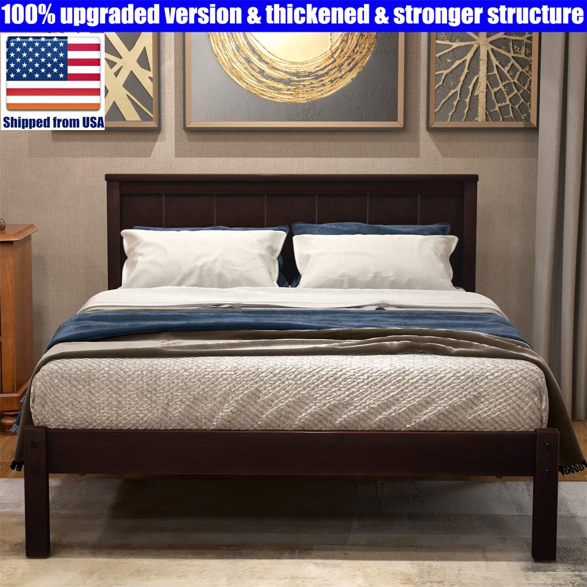 Premium Solid Wood Platform Bed Frame with Headboard - Sturdy Thick Slat Support, Easy Assembly, No Box Spring Needed (Espresso, Twin) - Perfect for Small Bedrooms, Guest Rooms & Dormitories
