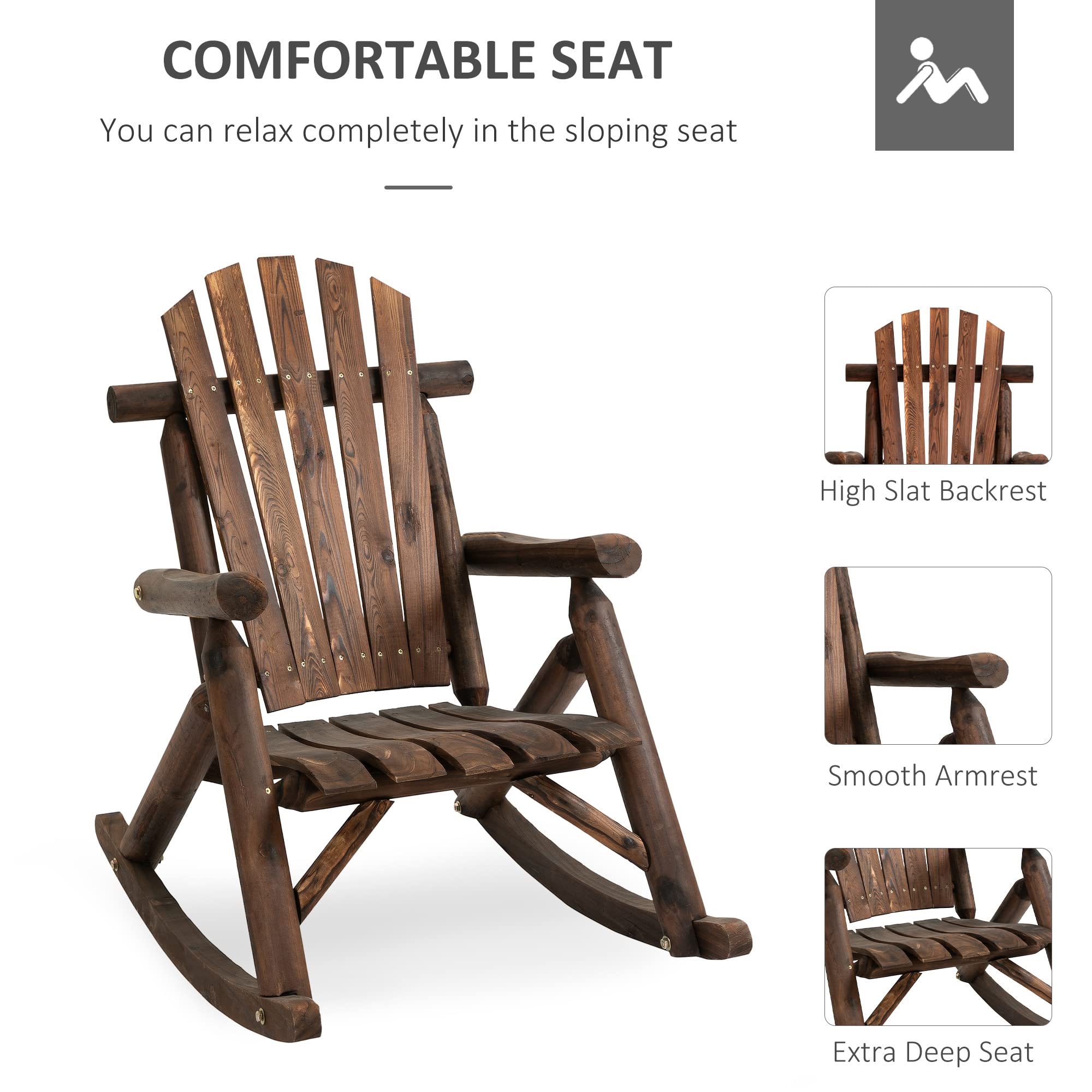 Outsunny Outdoor Wooden Rocking Chair - Single-Person Adirondack Rocking Patio Chair with Rustic High Back & Slatted Seat - Perfect for Garden, Backyard, Porch, Deck & Indoor Use - Carbonized Finish - Comfortable Relaxation Chair for Reading & Lounging
