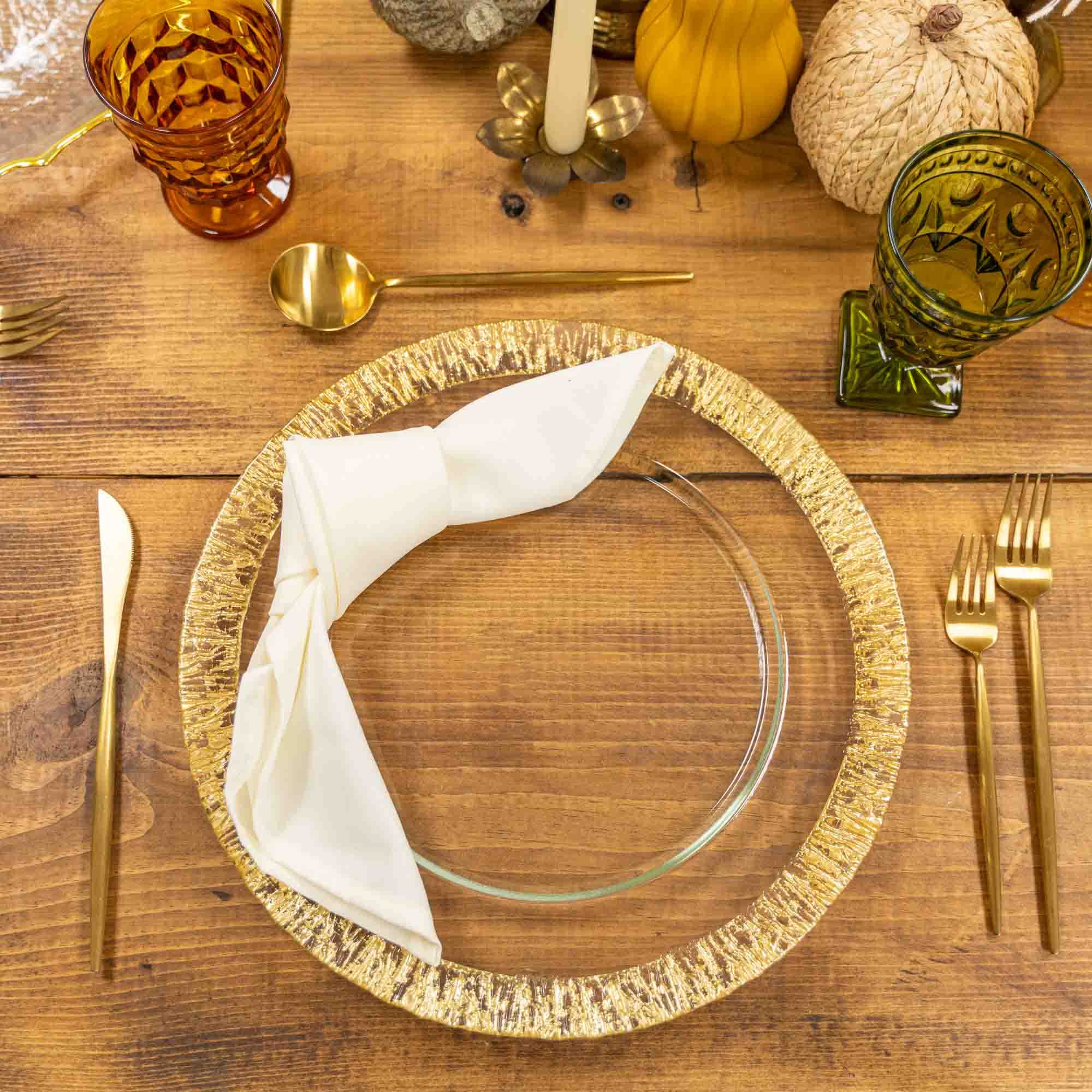 Elegant Wood Grain Metallic Finish Glass Charger Plate - 13 Inch Gold Gloss Dinner Plates Set of 8 for Wedding, Party, Quinceanera, Holiday & Formal Dining Decor