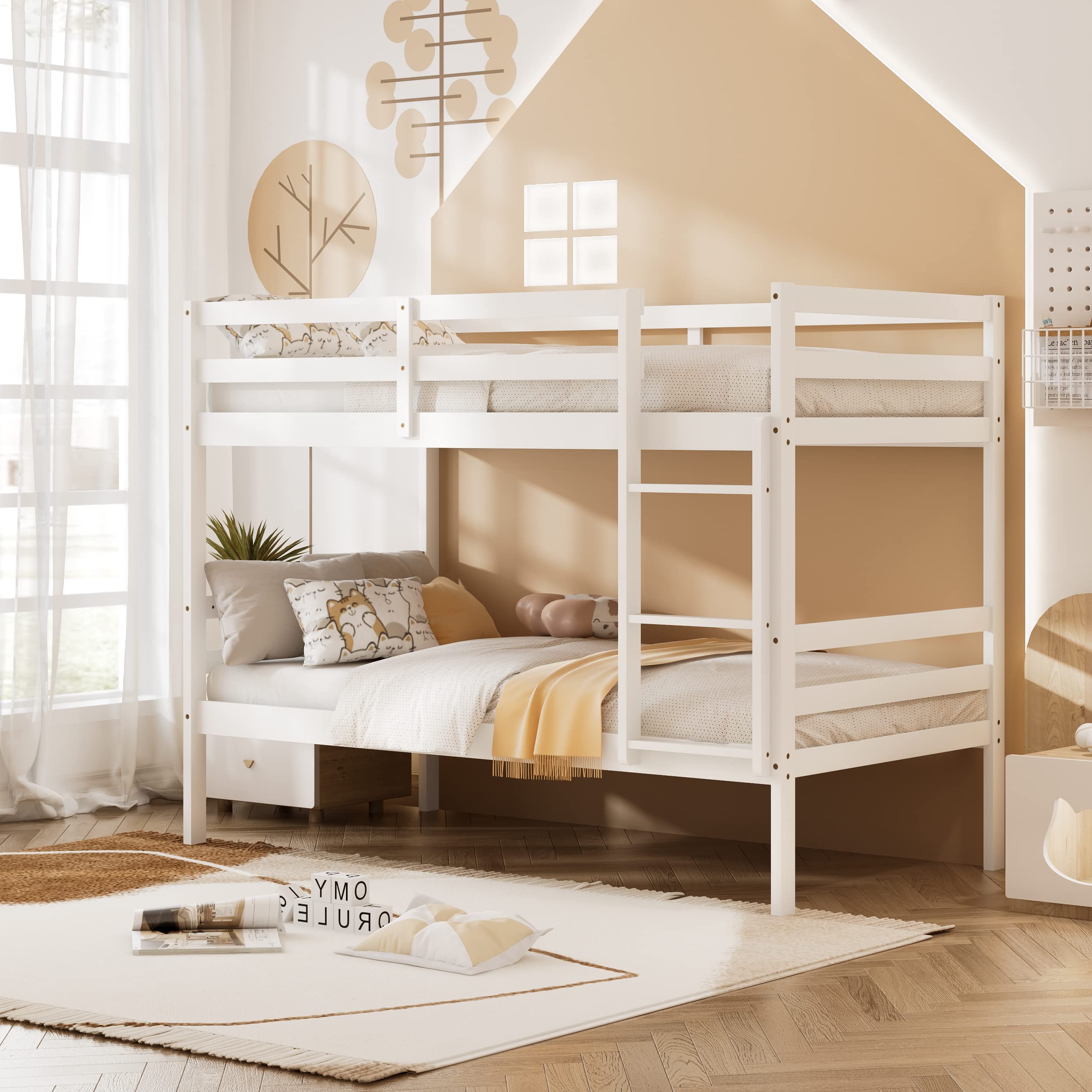 KOMFOTT Solid Wood Twin Over Twin Bunk Bed with Ladder & Safety Guardrail - Sturdy Kids Bed Frame for Dormitories, Shared Rooms & Multi-Child Families - No Box Spring Needed - Perfect for Sleepovers, Space-Saving Kids Bedrooms & Vacation Homes