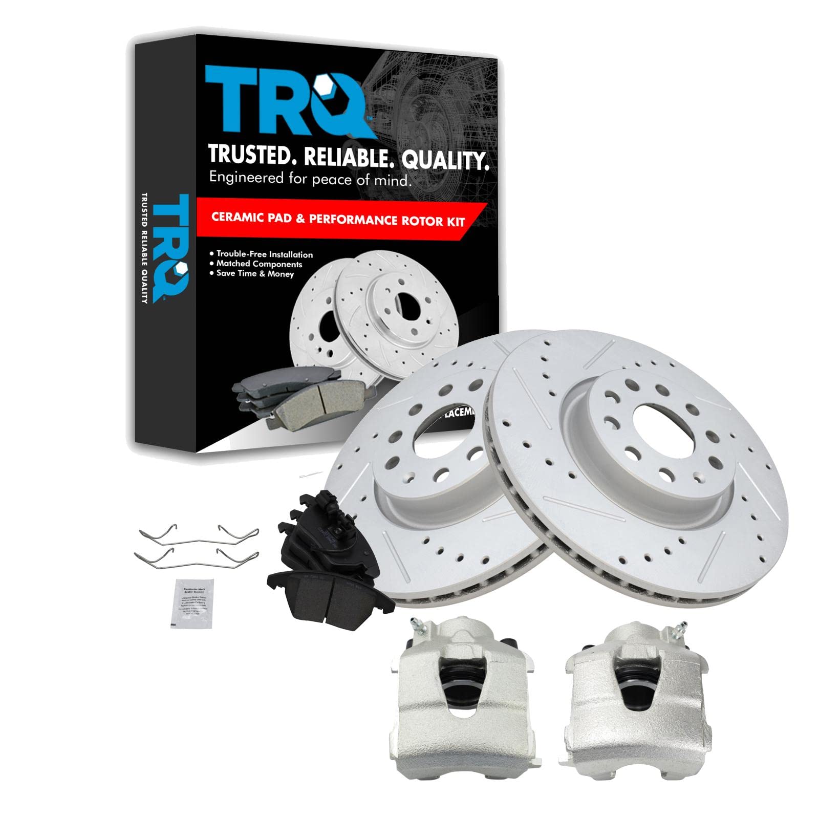 TRQ Front Performance Brake Pad & Rotor Kit - Ceramic Vented Premium G-Coated Brake Caliper Set - Compatible with 2009-2011 Audi A3 Quattro - Perfect for High-Performance Driving & Daily Commuting