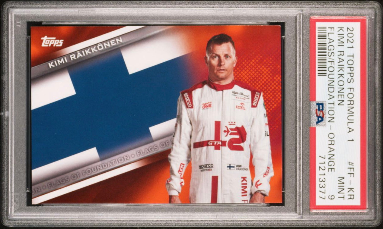 PSA 9 Graded 2005 Kimi Raikkonen #FF KM Flags Of Foundation Orange Parallel /25 - Rare F1 Racing Card for Collectors & Fans - Perfect for Display, Investment & Memorabilia Collections