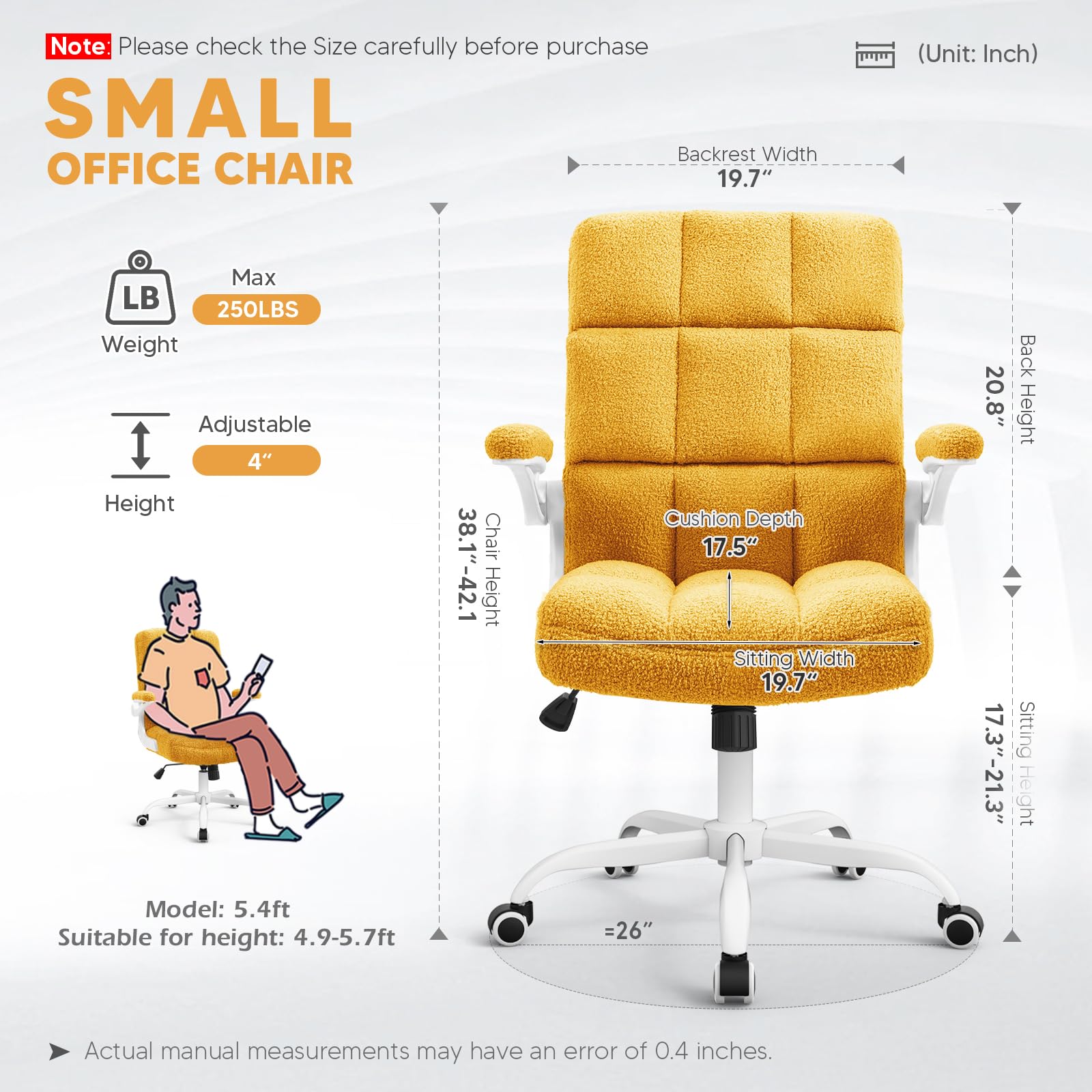 SEATZONE Yellow Office Chair with Flip-Up Armrests - Faux Fur Rolling Desk Chair with Wheels & Adjustable Back Tilt - Perfect for Home Office, Gaming, and Workspace Comfort
