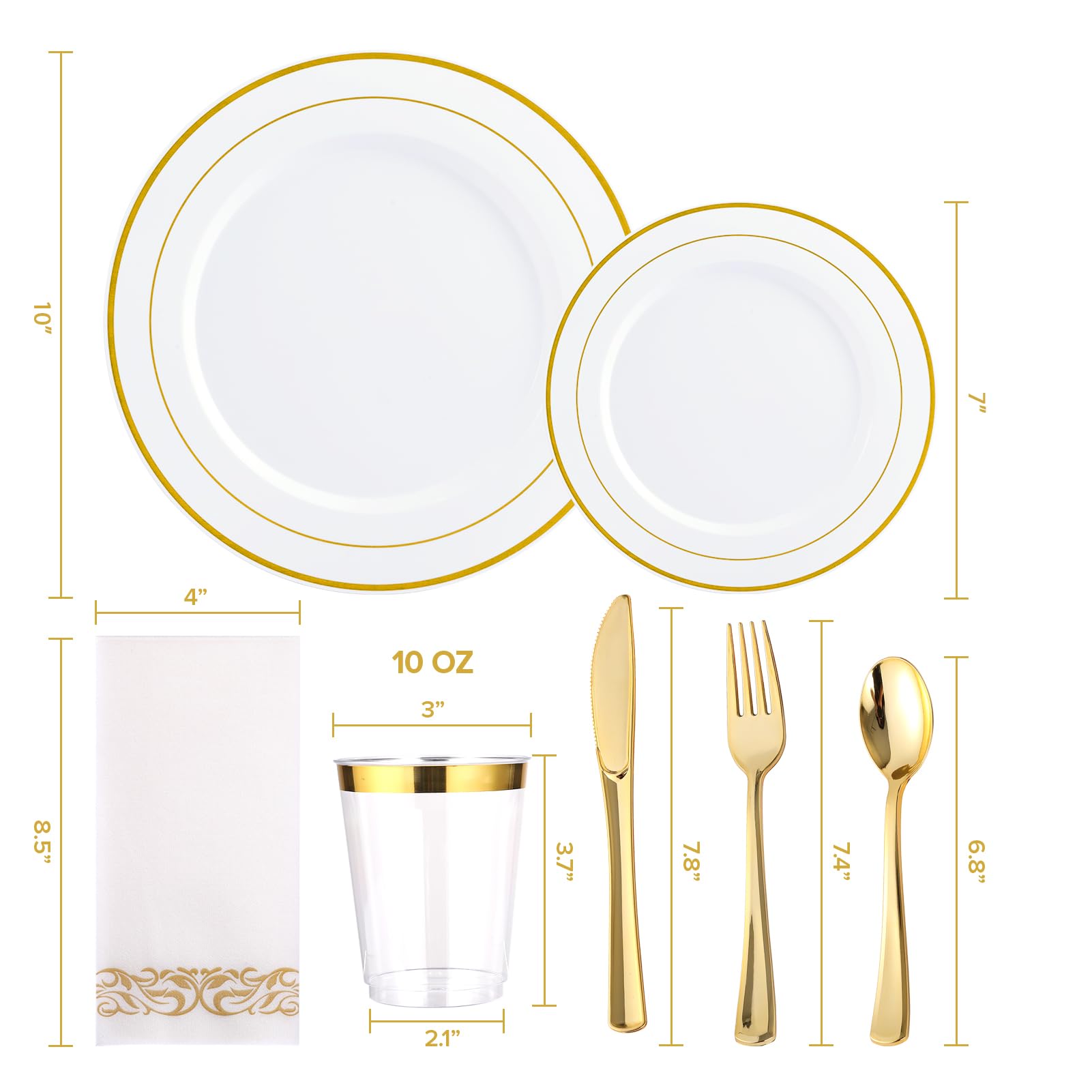 Premium 175-Piece Gold Trimmed Disposable Dinnerware Set for 25 Guests - Elegant White Plastic Plates with Gold Rim, Includes 25 Dinner Plates, 25 Dessert Plates, 25 Silverware Sets, 25 Cups & 25 Napkins - Perfect for Weddings, Parties, Catering & Special Events