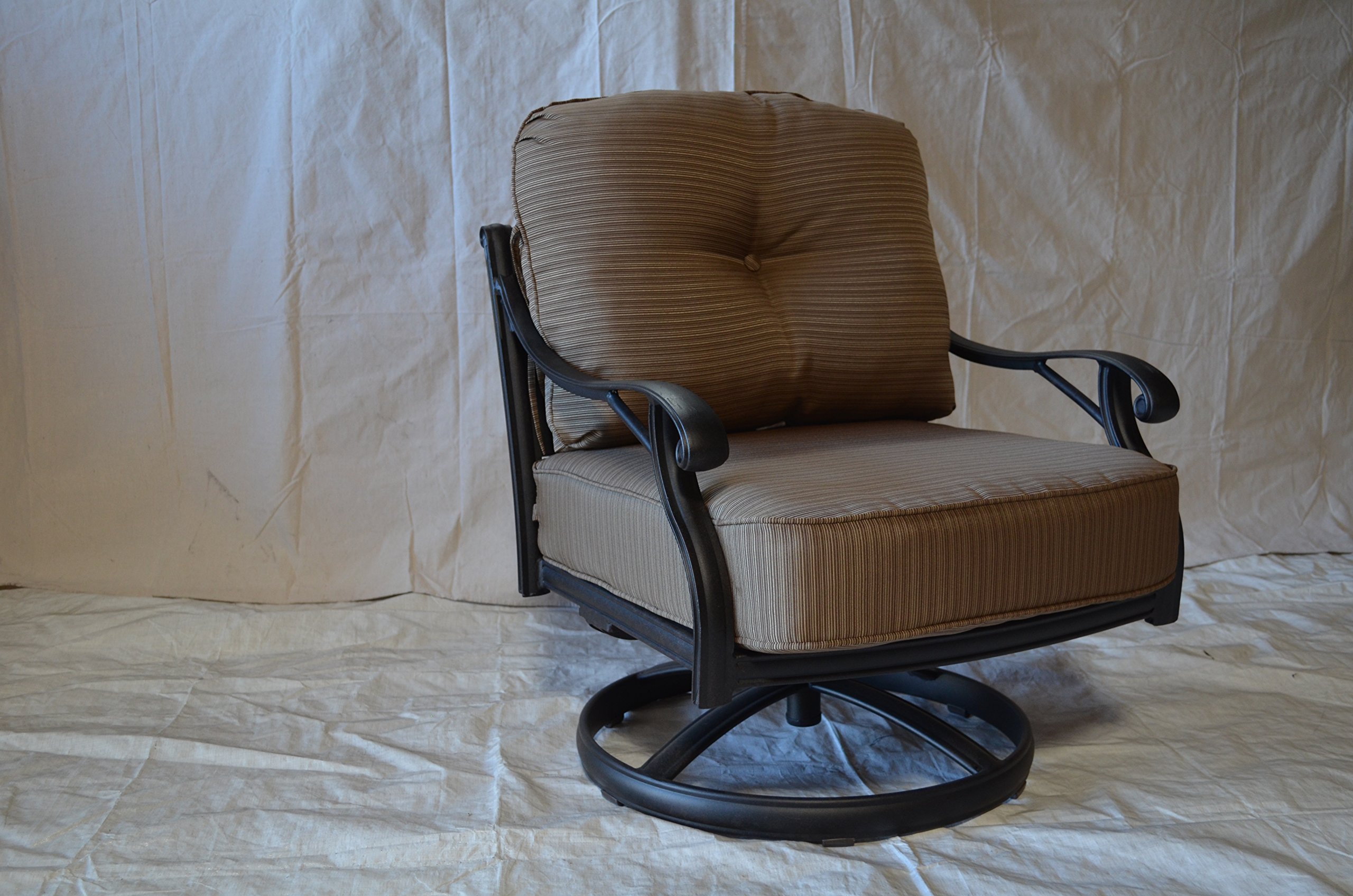 Dark Bronze Cast Aluminum Swivel Rocker Club Chairs Set of 4 with Walnut Cushions - Outdoor Patio Furniture for Garden, Poolside & Backyard Relaxation