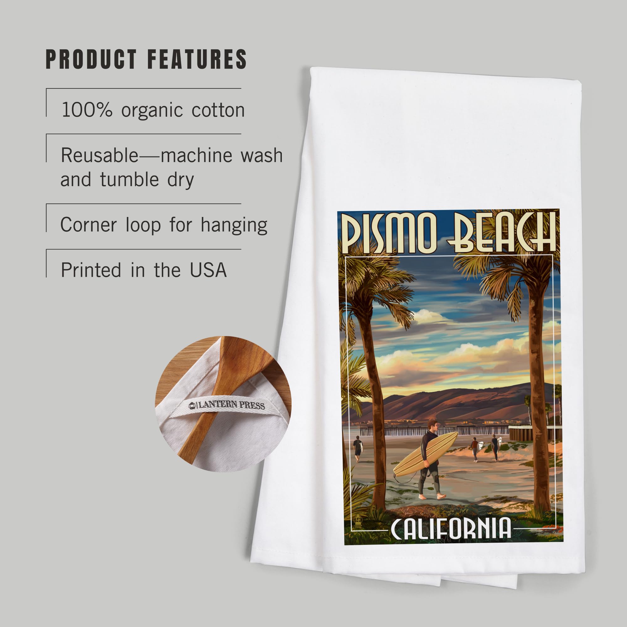 Lantern Press Pismo Beach California Surfer and Pier 100% Cotton Tea Towel - Decorative Hand Towel for Kitchen, Home Decor & Coastal Themed Gifts - Perfect for Beach Houses, Coastal Kitchens and Surf Enthusiasts