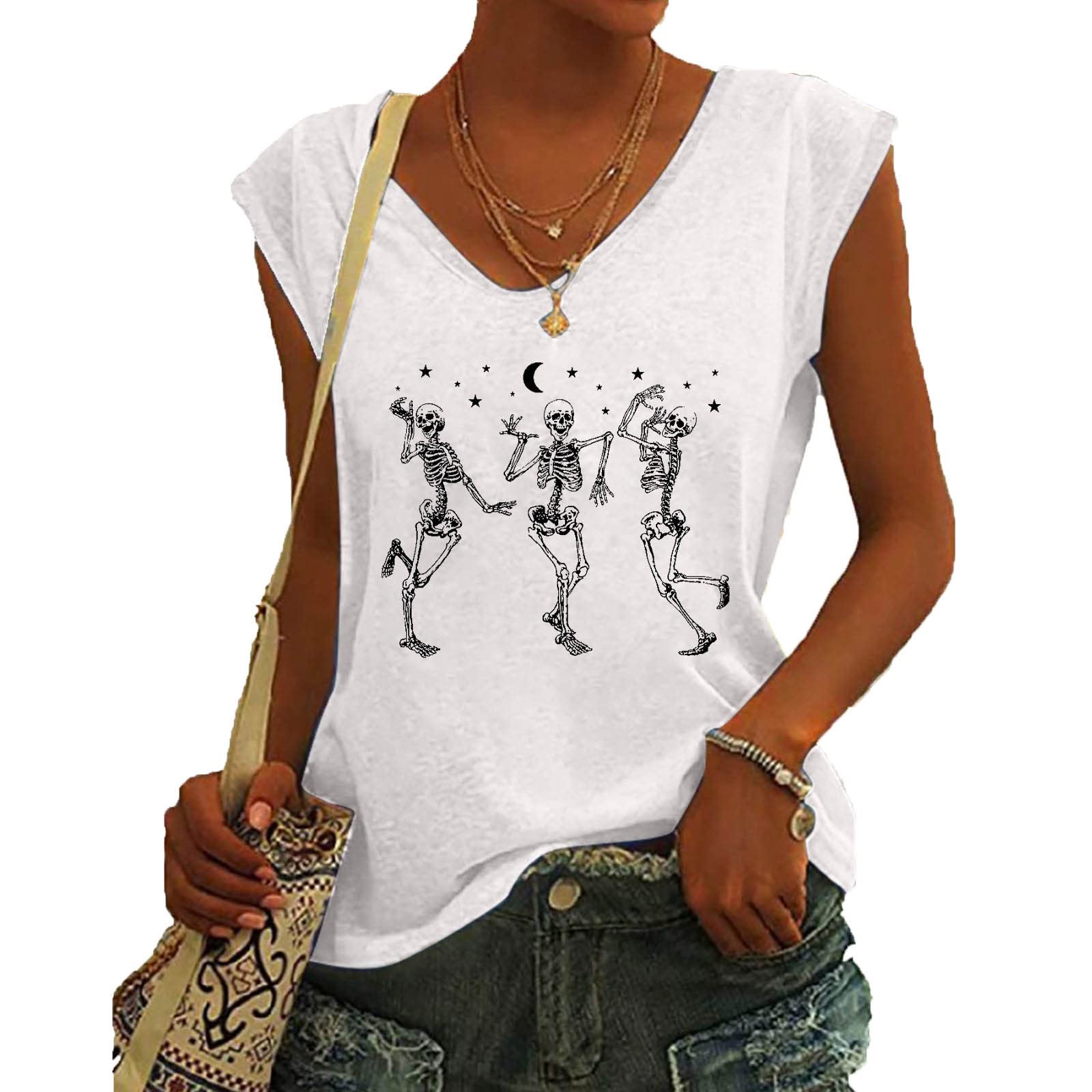 Women's Skull Graphic V-Neck Cap Sleeve Tank Tops - Casual Loose Fit Summer T-Shirts for Dancing & Funny Outfits | Perfect for Concerts, Beach Days & Casual Streetwear