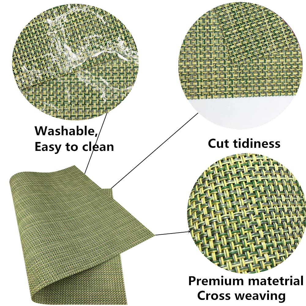 WAZAIGUR Crisscross Woven Vinyl Placemats Set of 4 - Non-Slip, Heat Resistant & Easy to Clean Table Mats for Kitchen, Dining Room - Green and Yellow - Perfect for Everyday Meals, Dinner Parties & Holiday Gatherings