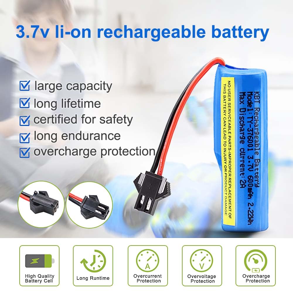 KBT 2 Pack 3.7V 600mAh Li-ion Rechargeable Battery with SM-2P Plug & Charger Cable - Compatible with RC Cars, Trucks, Boats, Stunt Cars - Perfect for Hobbyists and Remote Control Enthusiasts