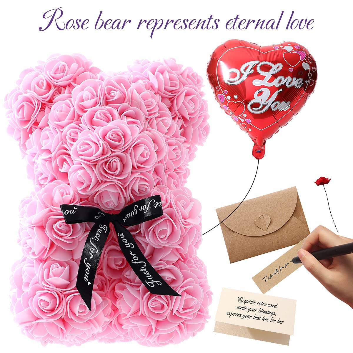 Handmade Rose Teddy Bear Gift for Women - Light Pink Rose Flower Bear with Clear Gift Box & Greeting Card | Perfect for Mother's Day, Valentine's Day, Anniversary & Bridal Showers | Romantic Home Decor & Special Occasion Gift Idea