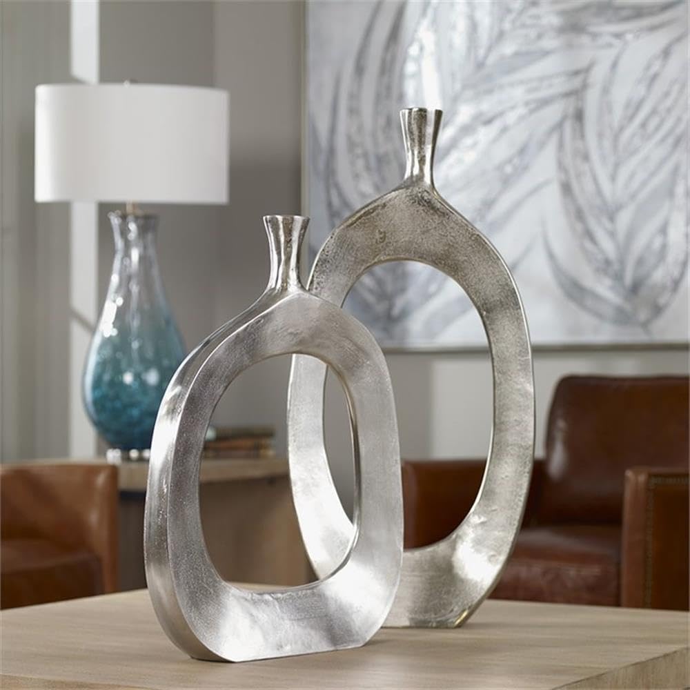 Bowery Hill Contemporary 2-Piece Textured Nickel Vase Set - Perfect for Modern Home Decor & Wedding Centerpieces