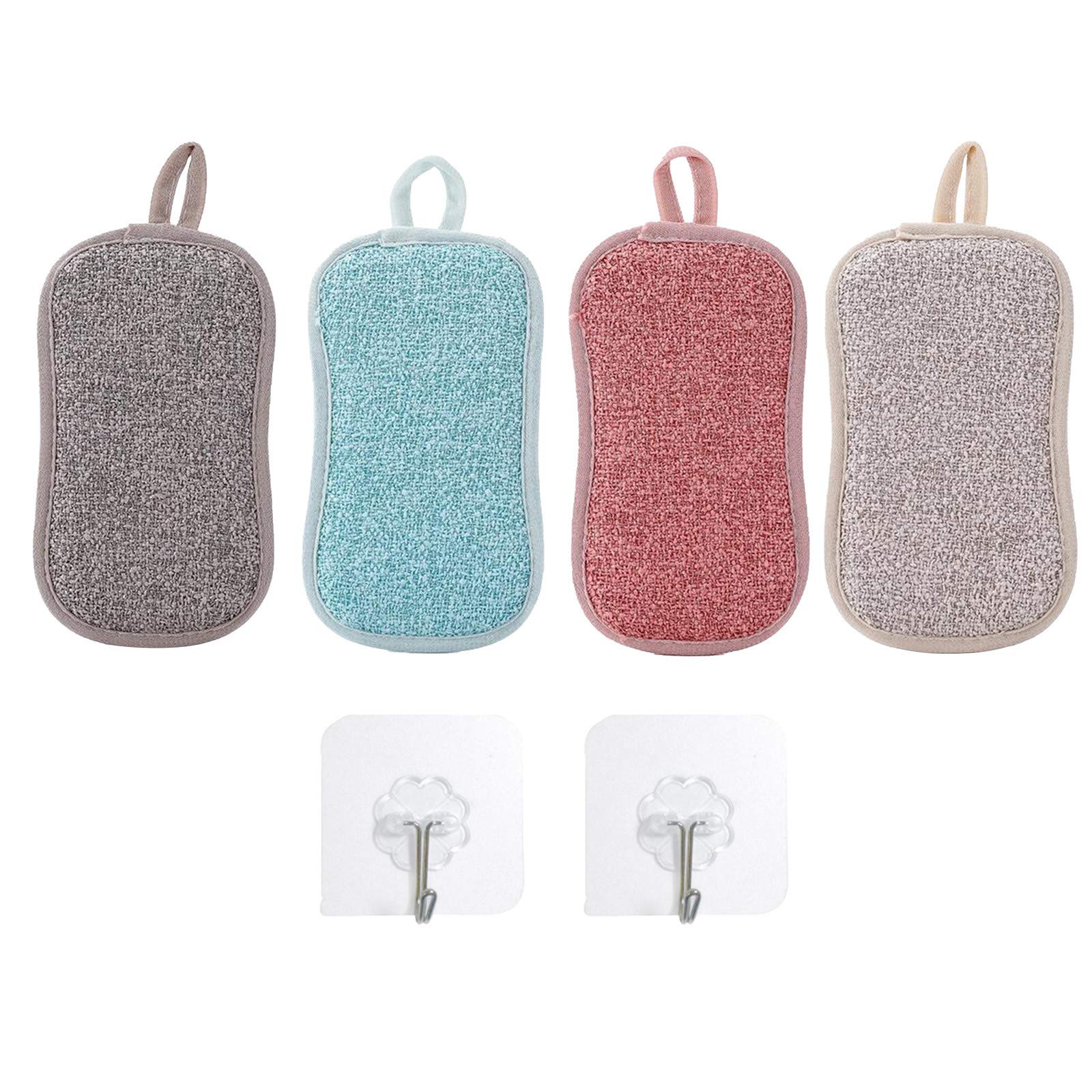 Yiser Microfiber Washable Reusable Scouring Pads - 4PCS Non-Scratch Dish Sponges with 2 Sticky Hooks for Kitchen Cleaning - Multi-Purpose Scrubber for Dishes, Countertops, Sinks - Colorful Cleaning Supplies (Multicolor, One Size) - Perfect for Daily Dishwashing & Household Cleaning