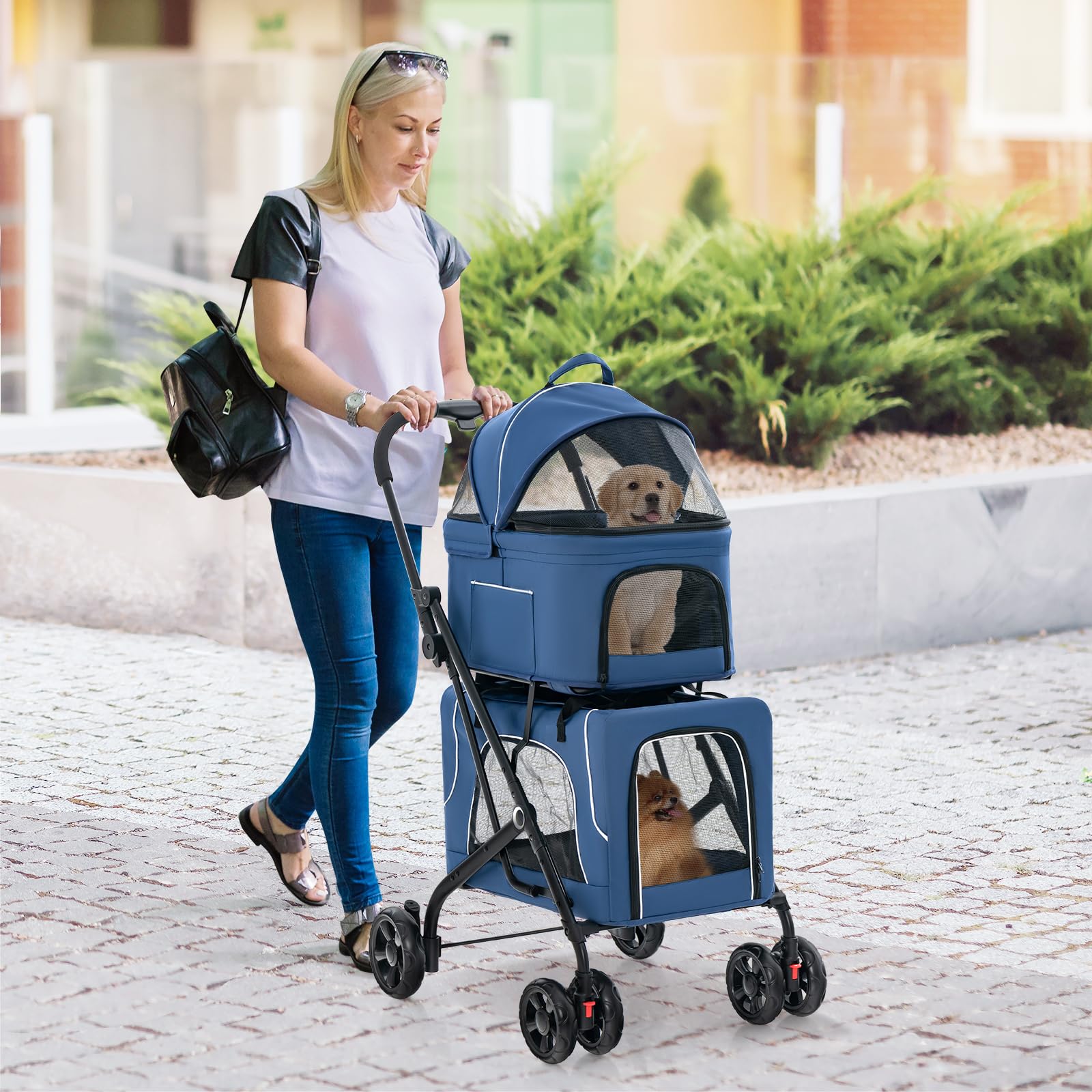 Giantex Double Dog Stroller for 2 Small Medium Dogs - Foldable Pet Stroller with Detachable Carriers, Safety Belt & 4 Lockable Wheels | Cat & Dog Travel Carrier | Perfect for Park Walks, Vet Visits & Shopping Trips (Blue)