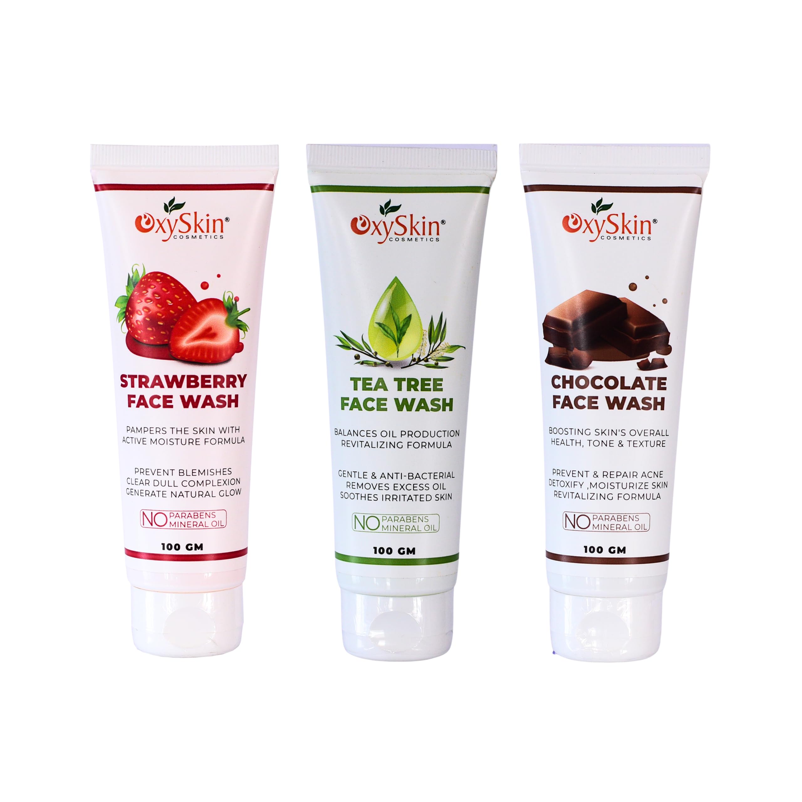 Oxyskin Cosmetics 3-Pack Face Wash Set - Strawberry, Tea Tree & Chocolate for Acne & Glowing Skin | Gentle Cleansing for Daily Skincare Routine