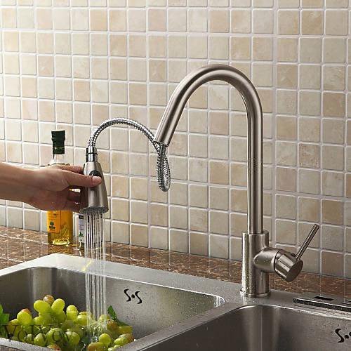 Wovier Brushed Nickel Pull Out Kitchen Sink Faucet - Single Handle Single Hole Vessel Lavatory Faucet with Sprayer, Basin Mixer Tap for Modern Bathroom & Kitchen Sink | Perfect for Washing Dishes, Filling Pots & Daily Hygiene