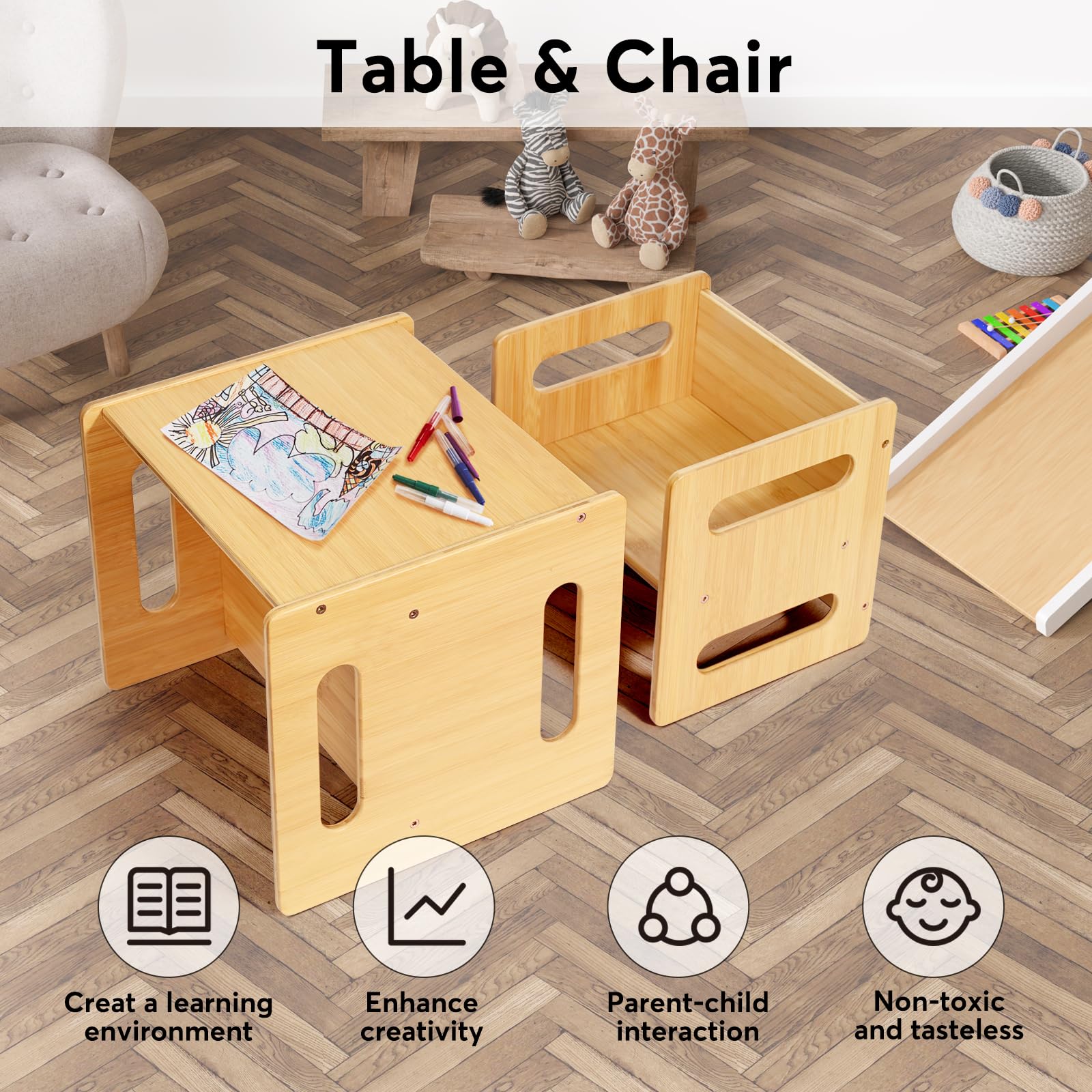 Montessori Weaning Table and Chair Set for Toddlers 1-3 Years - Natural Bamboo Kids Activity Desk & Chairs for Dining, Reading, Playtime - CPC Certified Safe & Eco-Friendly - Perfect for Home, Preschool & Daycare Learning Spaces