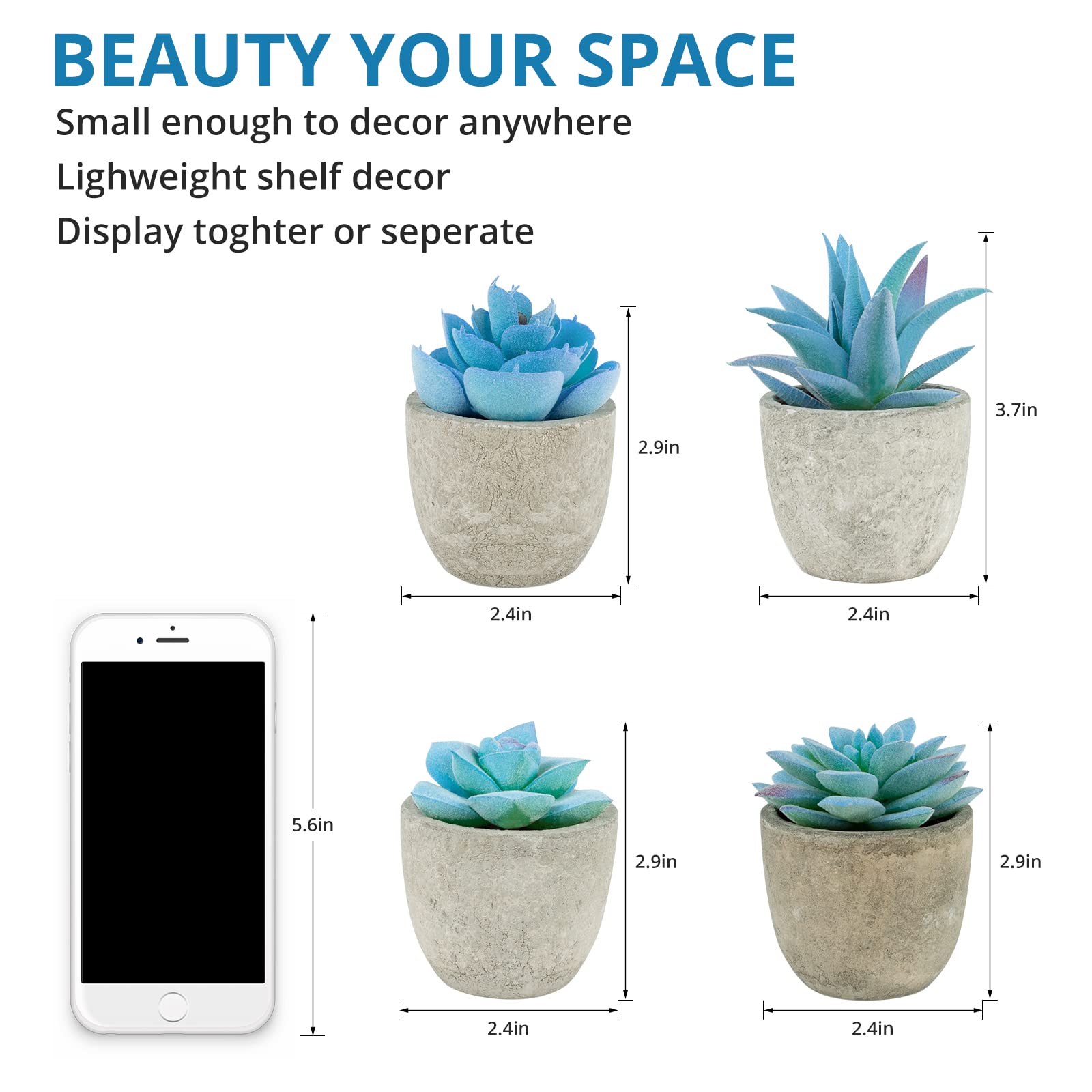 Set of 4 Blue Artificial Succulents Plants - Fake Succulents for Home Office Decor, Table Centerpiece, Bedroom, Kitchen, Dorm Desk & Bathroom Shelf Decoration - Low Maintenance Indoor Plants for Modern Spaces