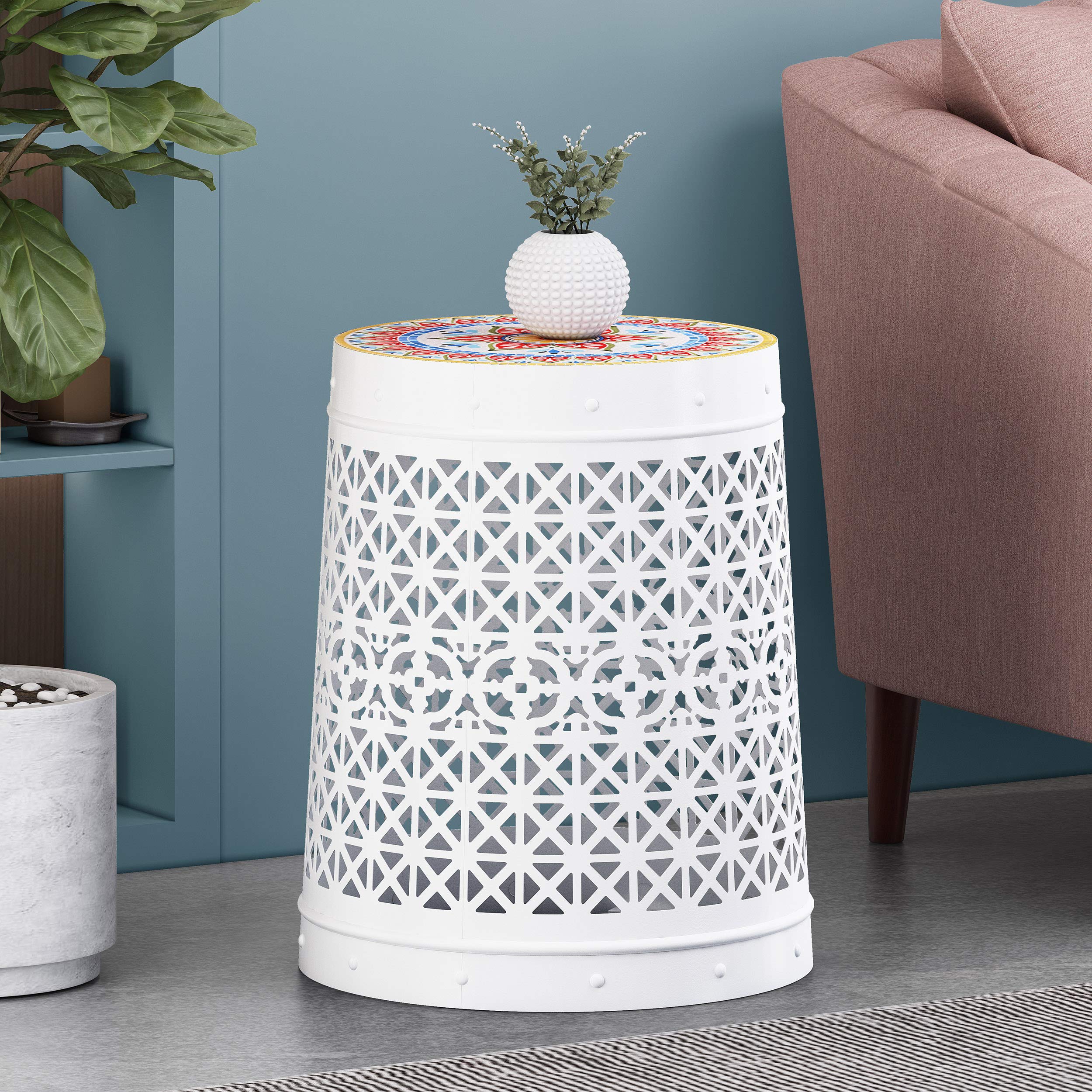 Christopher Knight Home Jason White Indoor Lace Cut Side Table with Tile Top - Perfect for Living Room, Bedroom, or Office Decor