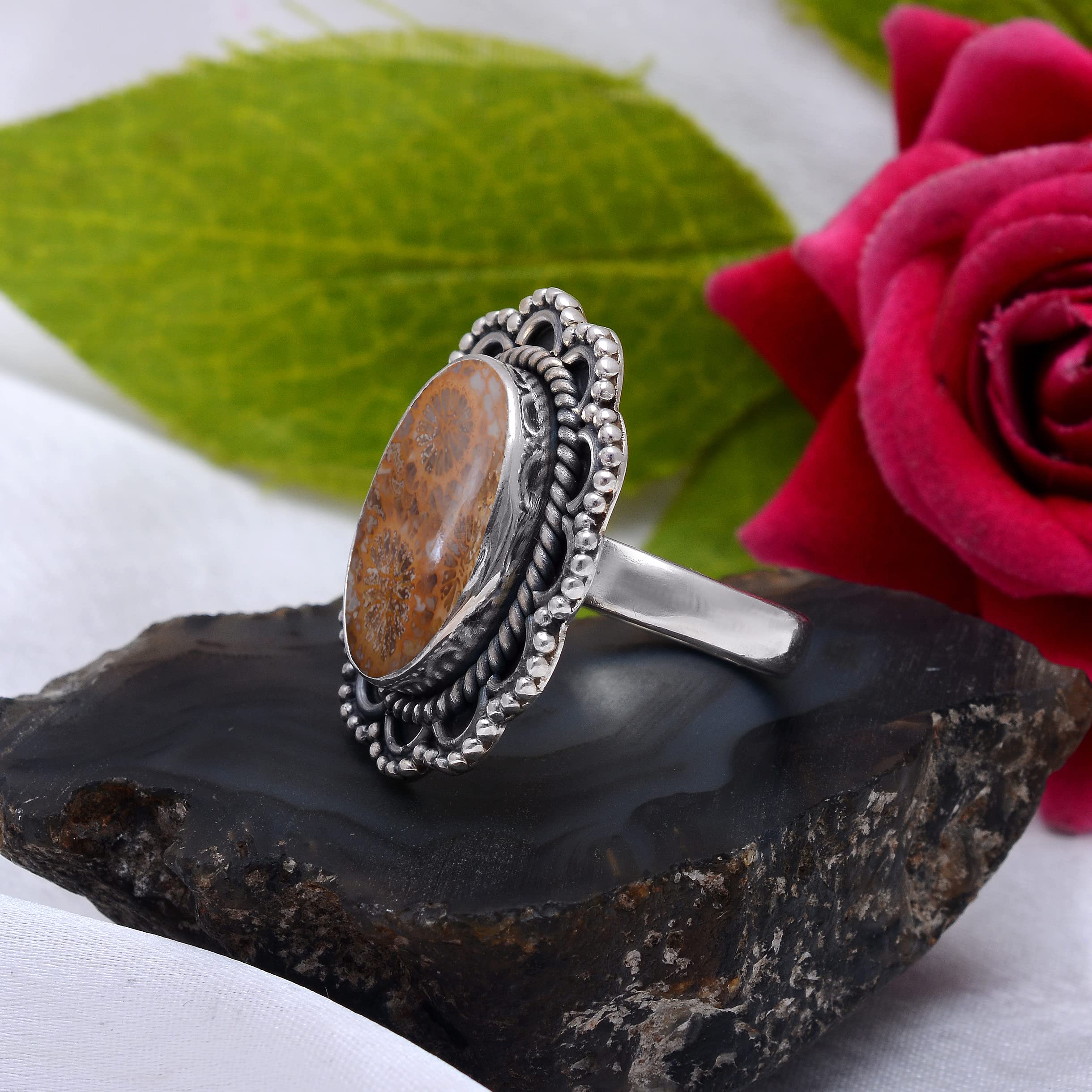 Veracity Jewelry 925 Sterling Silver Fossil Coral Jasper Ring for Women - Healing Meditation Gemstone Jewelry - Yellow Orange Jasper Stone Ring (VSR-286) - Perfect for Spiritual Healing, Yoga & Meditation Practice