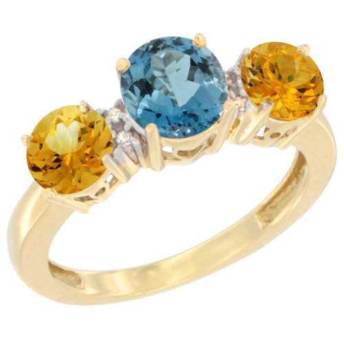 10K Yellow Gold 3-Stone Ring with Natural London Blue Topaz & Citrine, Diamond Accents - Sizes 5-10 | Elegant Birthstone Jewelry for Women, Perfect Gift for Anniversary, Birthday & Special Occasions