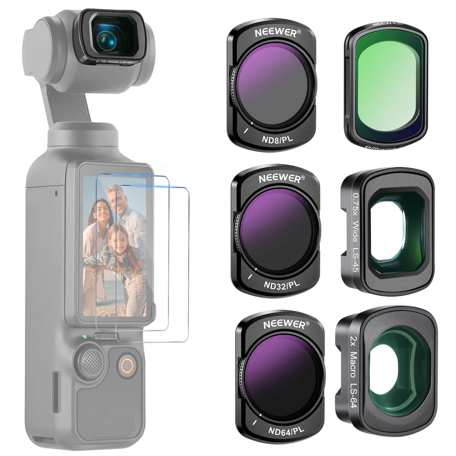 NEEWER FL B16 ND/PL Filter Set with 0.75X Wide Angle & 2X Macro Lens for DJI Osmo Pocket 3 - Perfect for Vlogging, Travel Photography, and Professional Videography