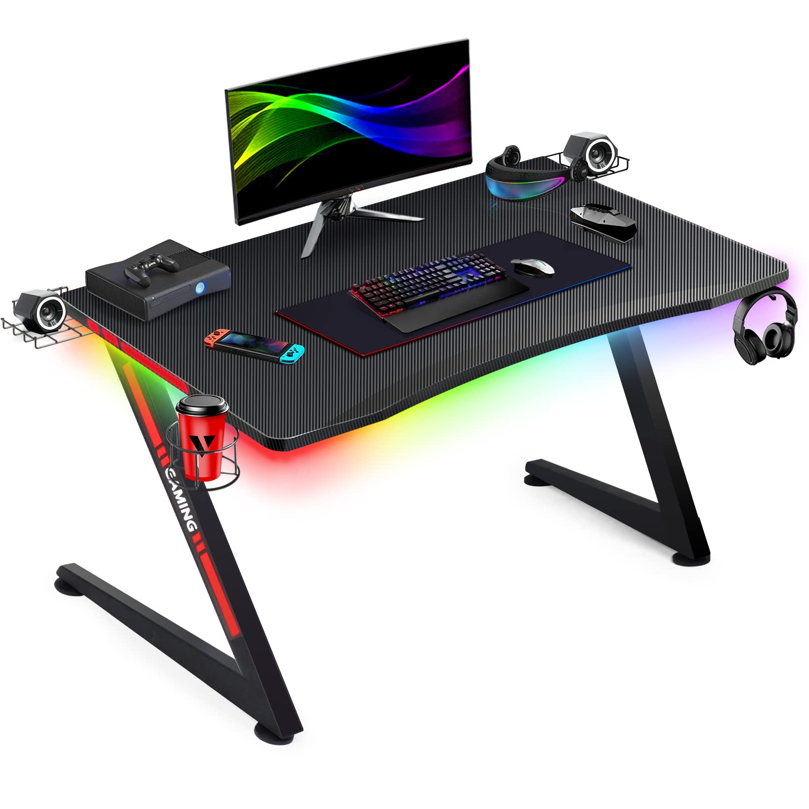 GTRACING 44 Inch Ergonomic Gaming Desk with LED Lights - Z-Shaped Carbon Fiber Computer Desk for PC Gamers | Includes Cup Holder, Speaker Stands & Headphone Hook | Perfect for Esports, Streaming & Home Office Setup