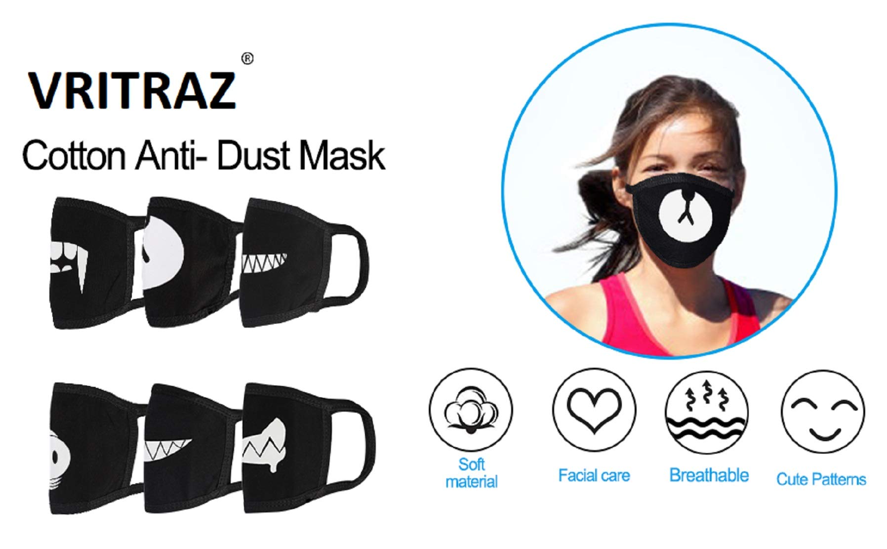 VRITRAZ Glow in The Dark Unisex Cotton Blend Anti-Dust Pollution Face Mask - Breathable & Reusable for Men & Women - Perfect for Outdoor Activities, Cycling, Running & Air Travel