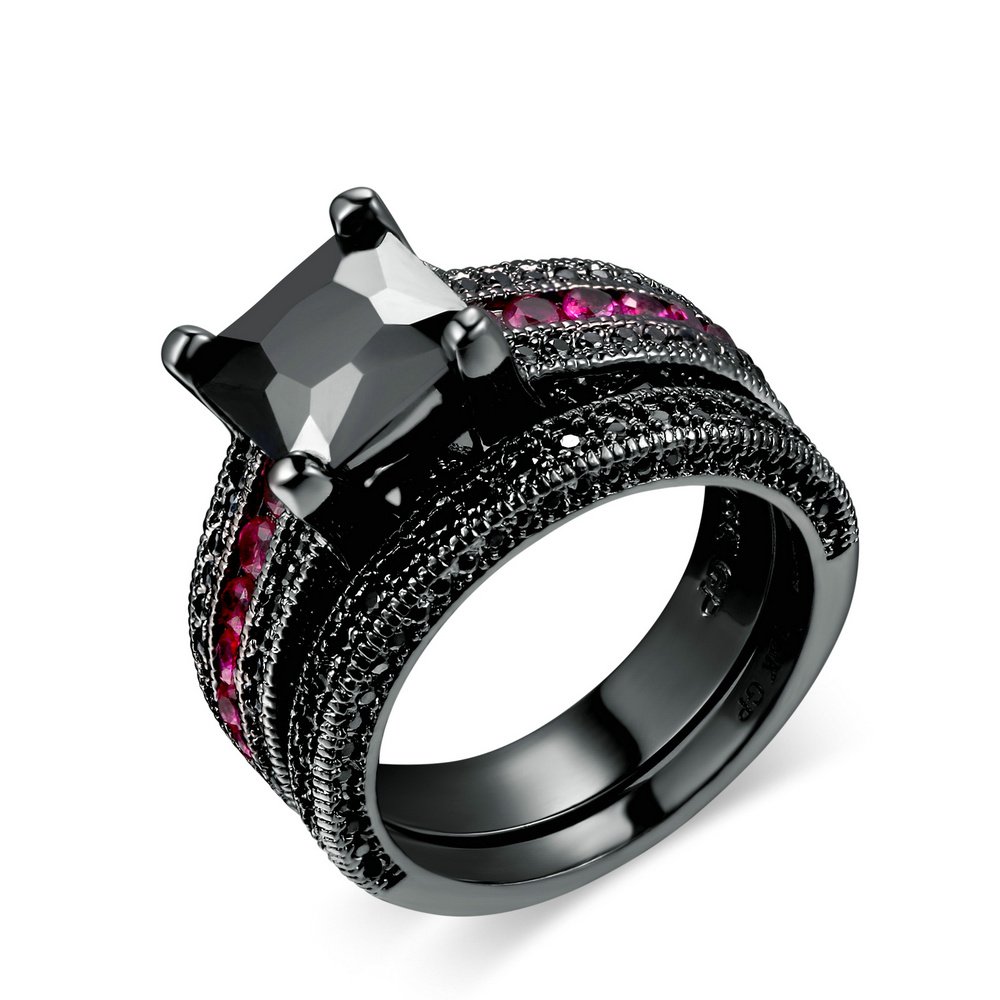 18K Black Gold Princess Cut Cubic Zirconia Engagement Ring Set - Wedding Promise Band, Anniversary Jewelry Gift for Her - Perfect for Proposals, Bridal Sets & Romantic Occasions