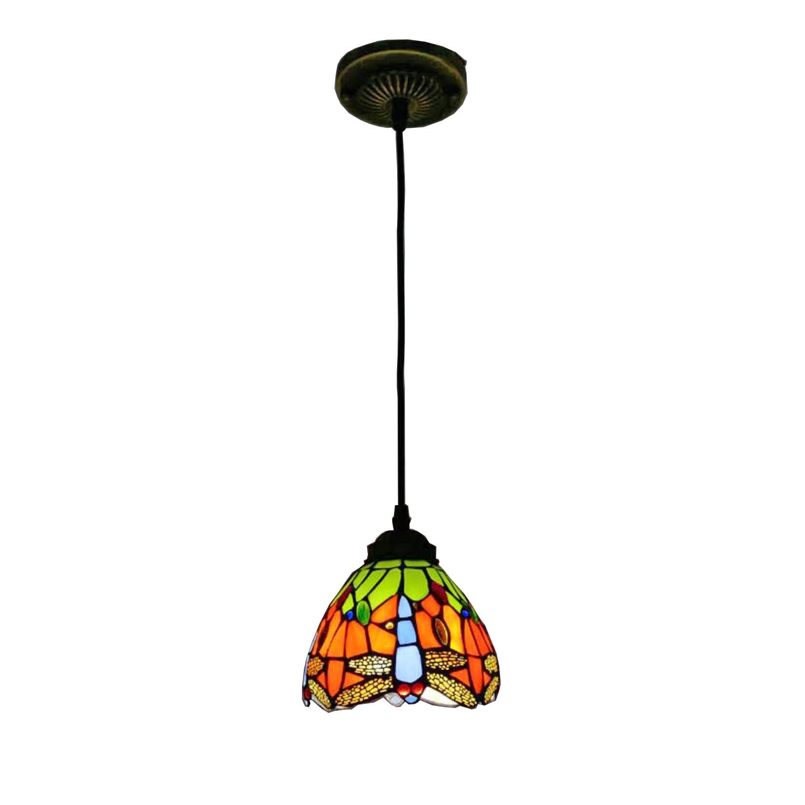 Tiffany Style Mini Pendant Lights - Vintage Stained Glass Chandelier with Blue Dragonfly Design - 6 Inch Hanging Fixture for Dining Room, Kitchen Island, Bedroom & Foyer Decor