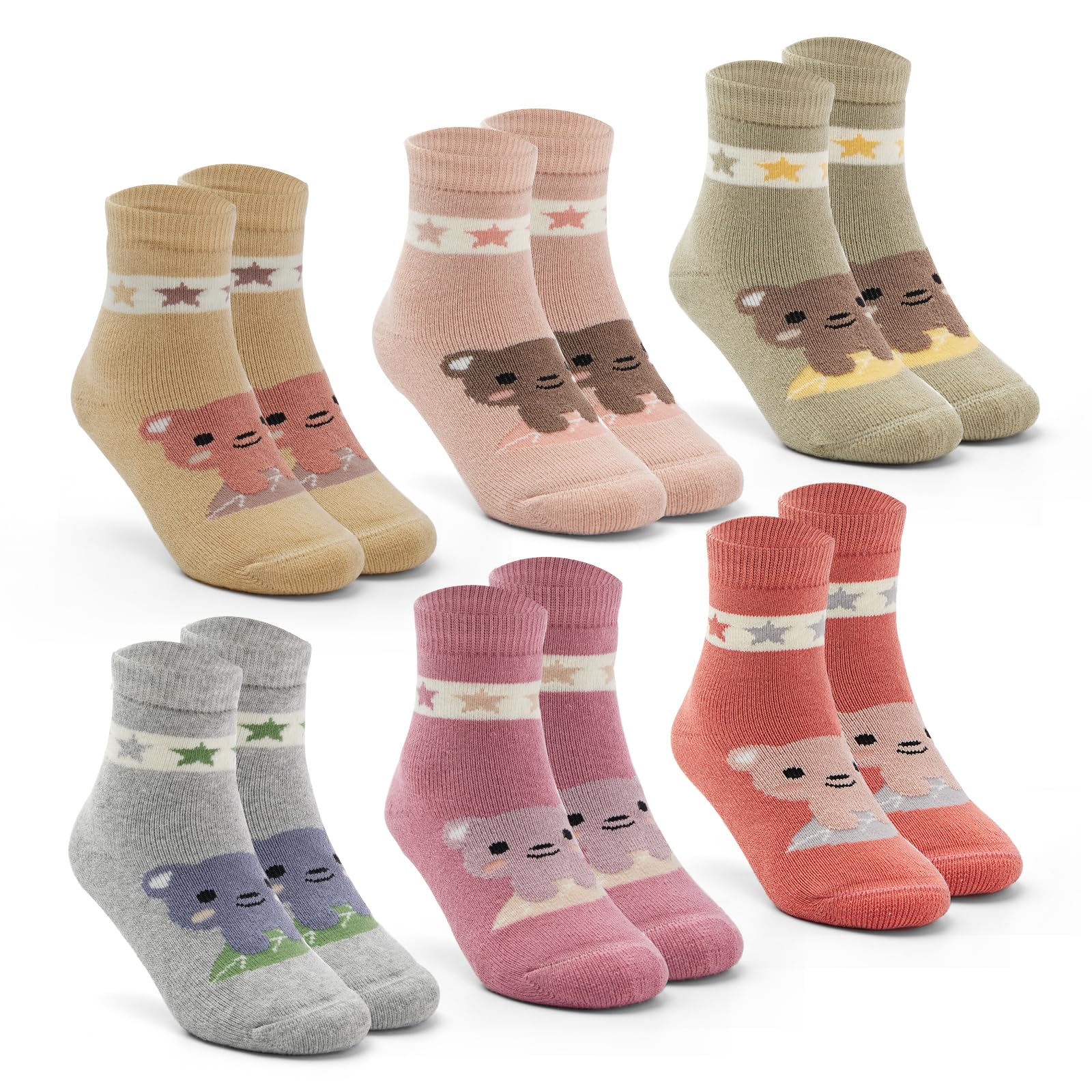 Girls Winter Socks 6 Pack - Warm Thermal Terry Crew Socks for Kids & Toddlers - Cozy Cold Weather Socks for School, Snow Play & Indoor Activities