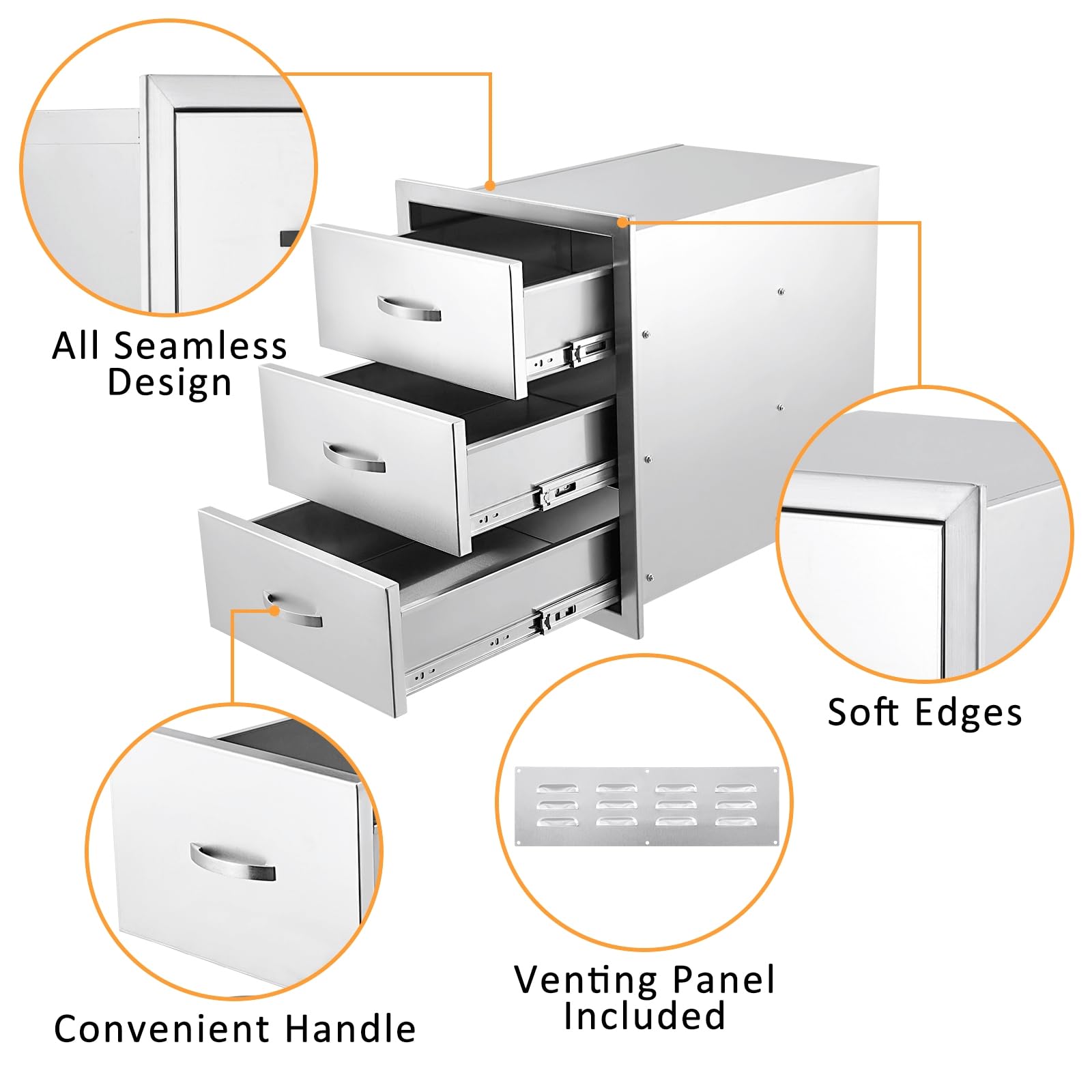 Stainless Steel Triple BBQ Storage Drawers for Outdoor Kitchen - 20W x 23D x 27H Inches Flush Mount Built-in Drawers with Venting Panel - Perfect for Kitchen Island, Patio Grill Station & Backyard Entertaining