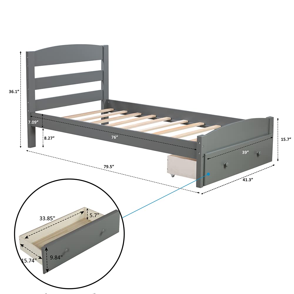 Twin Size Platform Bed Frame with Storage Drawers - Solid Pinewood Bed with Wide Plank Curved Headboard, Under Bed Storage Space - Perfect for Small Bedrooms, Guest Rooms & Studio Apartments (Gray)