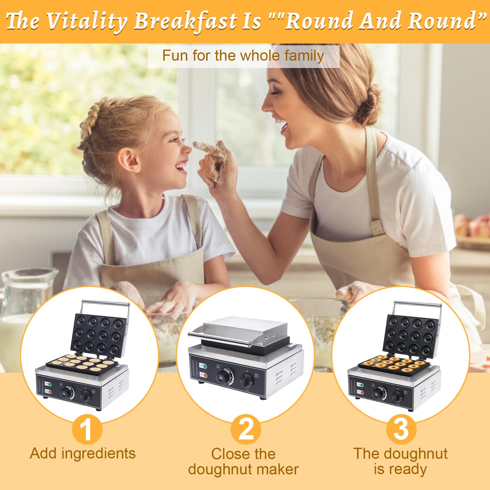 Commercial Electric Donut Maker Machine - 12 Hole Waffle & Pancake Maker with Double-Sided Heating, Non-Stick Surface - Perfect for Breakfast, Snacks, Desserts at Home, Cafes or Bakeries