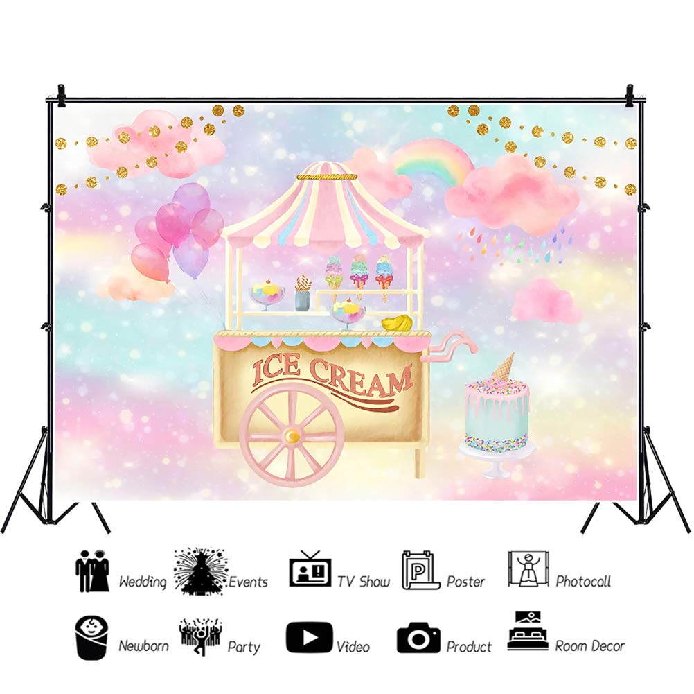 OERJU 7x5ft Dreamy Cartoon Ice Cream Party Backdrop - Purple Balloons & Rainbow Pink Clouds Photography Background for Girls Birthday Party, Cake Table Decor, Vinyl Video Props - Perfect for Children's Celebrations, Baby Showers & Photo Booths
