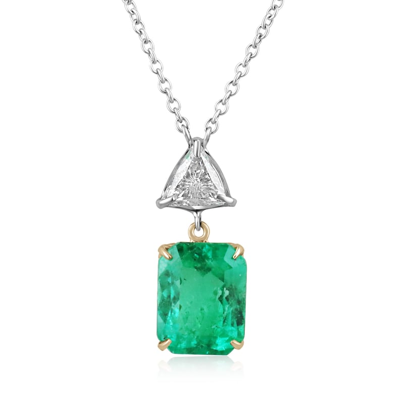 5.72tcw 18K Gold Colombian Emerald & Trillion Cut Diamond Accent Statement Necklace - Elegant Jewelry for Weddings, Parties & Special Occasions