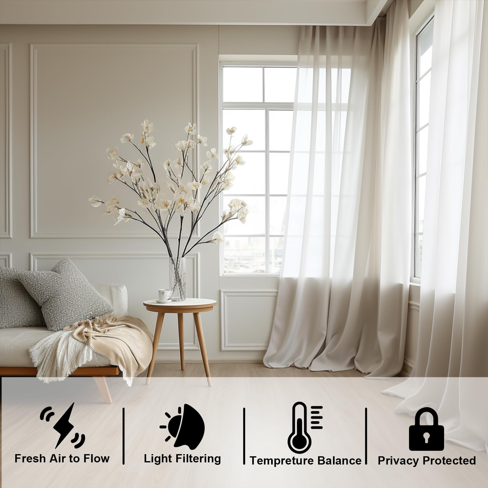 LOYOLADY Grey Linen Curtains 102 Inches Long - 2 Panels Set, Semi-Sheer Window Drapes for Bedroom & Living Room, 72