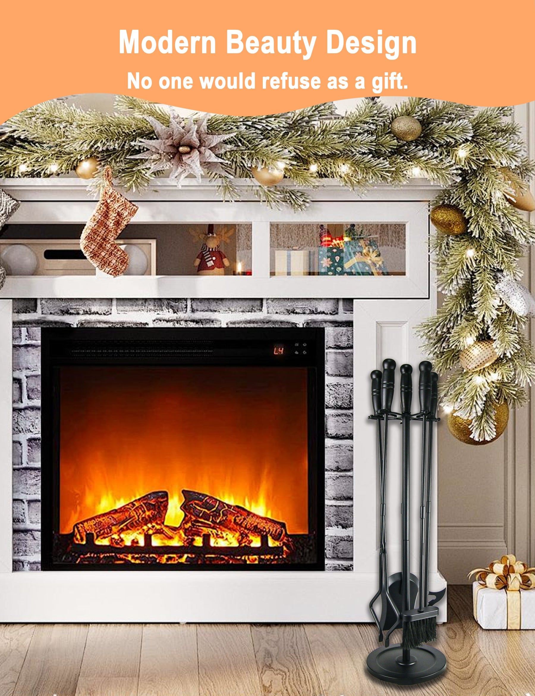 Premium 5-Piece Modern Fireplace Tool Set with 2-in-1 Poker - Heavy Duty Steel Construction for Indoor & Outdoor Use - Perfect for Fire Pits, Wood Stoves, and Hearth Maintenance
