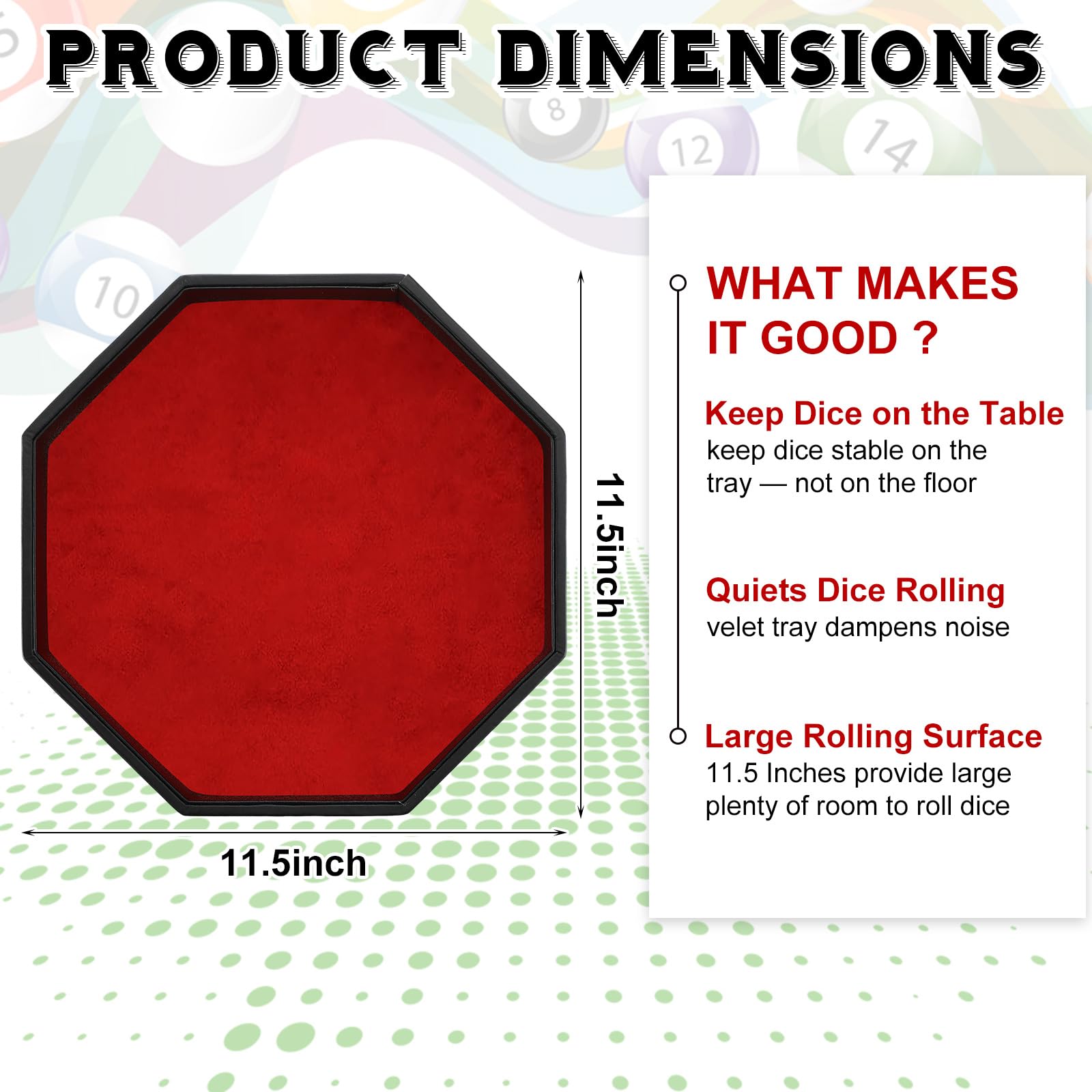 Wenqik 2-Piece Octagon Dice Tray Set - 11.5 Inch PU Leather Dice Mat with Velvet Lining for RPG, Farkle & Tabletop Games - Perfect for Game Nights, Christmas Parties & Holiday Gatherings (Black & Red)