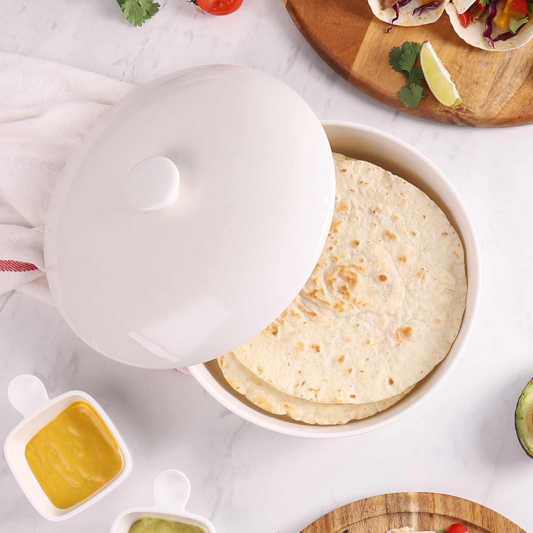 Sweese Porcelain Tortilla Warmer - Holds 12 Tortillas, Microwave & Oven Safe Ceramic Tortilla Server with Lid - Perfect for Taco Tuesday, Mexican Fiesta Party, Family Gatherings & Dinner Entertaining - White