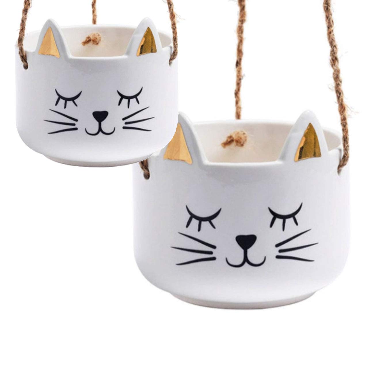 Ceramic Succulent Planter Pot - White Cat with Gold Ears Hanging Indoor Plant Pot for Home, Office, Garden Decor - Perfect for Small Plants, Herbs, and Air Plants (Set of 2)