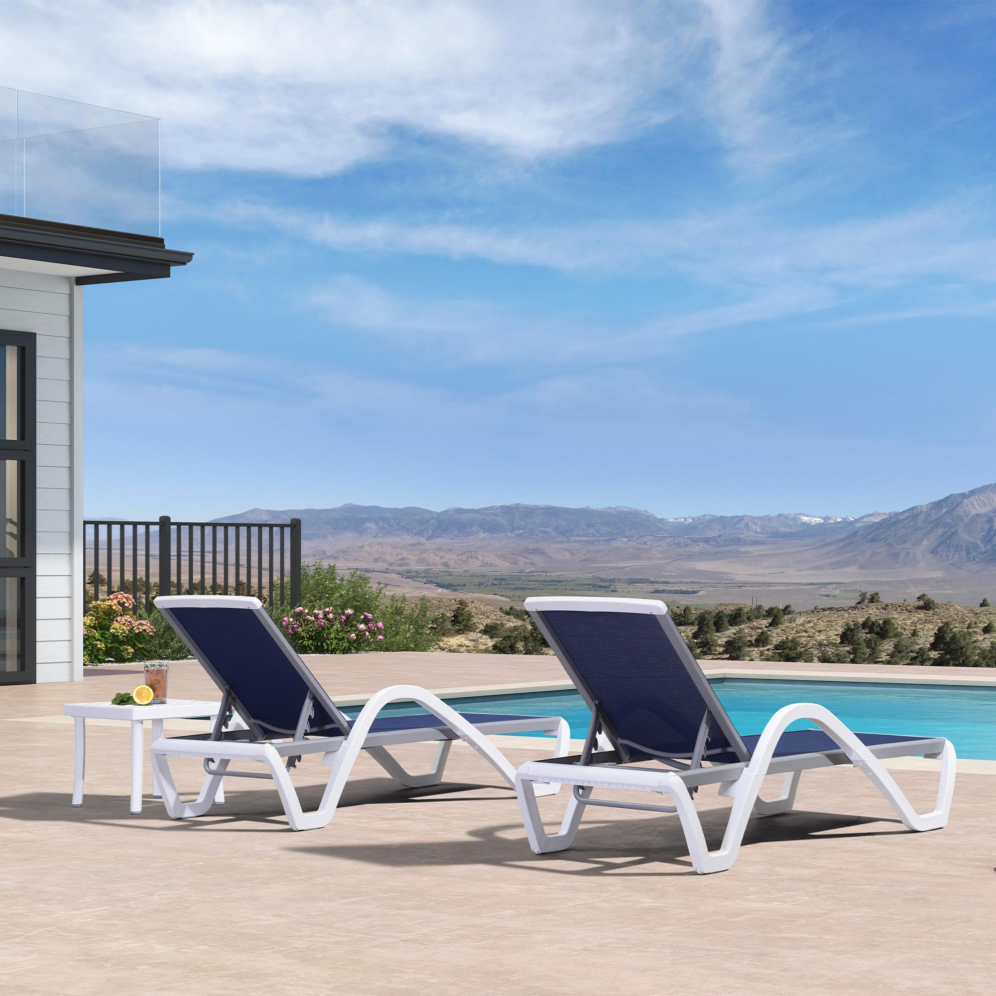 PURPLE LEAF 3-Piece Patio Chaise Lounge Chair Set - Aluminum & Plastic Stackable Sun Loungers with Armrests & Side Table - Navy Blue Outdoor Tanning Chairs for Pool, Beach, Deck & Backyard Relaxation