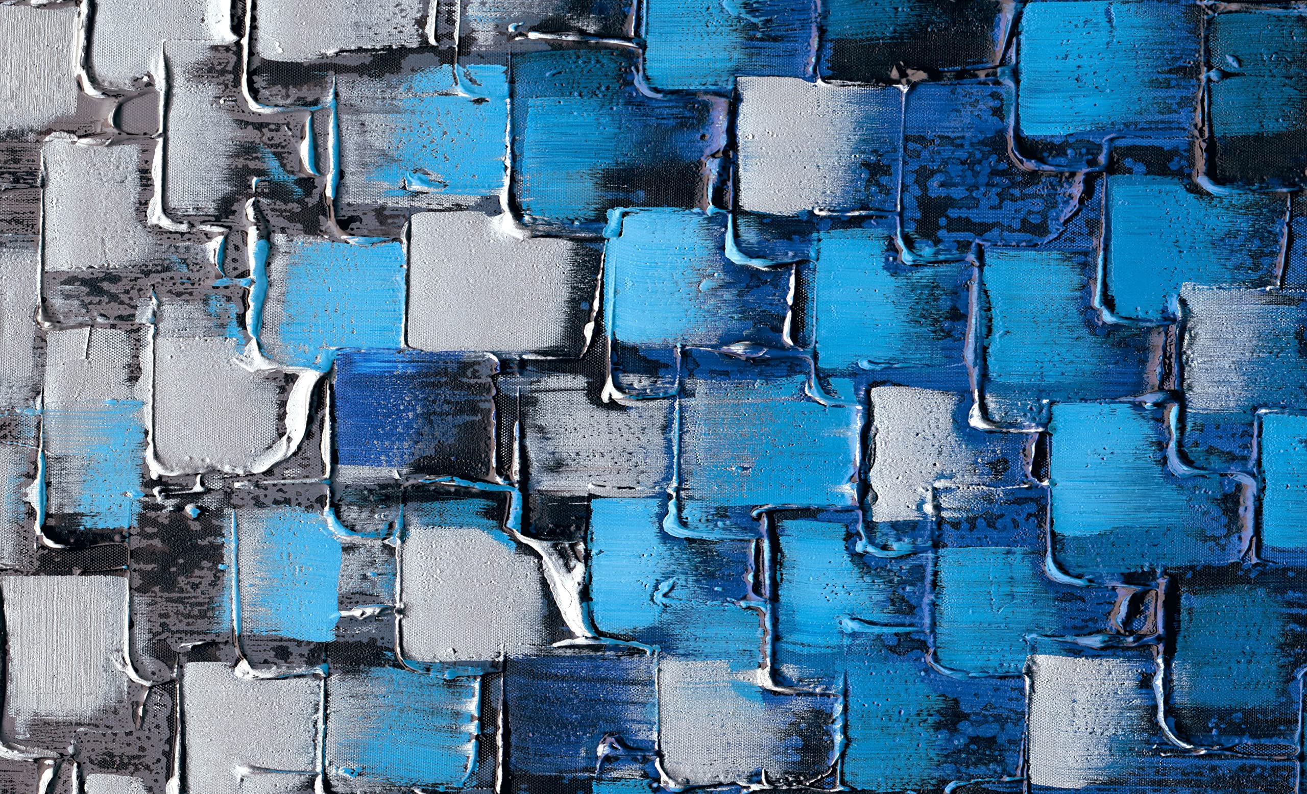 Large Textured Abstract Canvas Wall Art - Hand Painted Modern Dark Blue & Silver Squares Oil Painting - 60x30 Inch Framed Ready to Hang - Perfect for Living Room, Bedroom & Office Decor